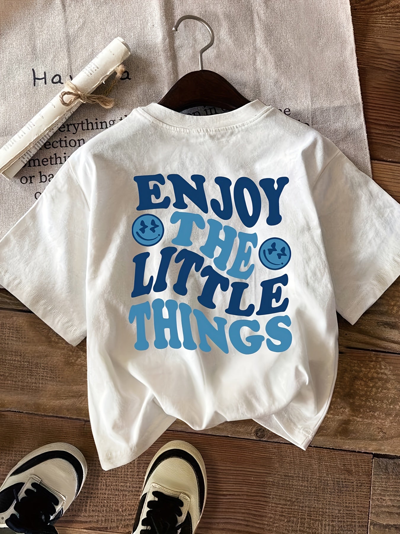Women'S Casual Short Sleeve T-Shirt - Enjoy The Little Things Graphic Tee, Soft Polyester Everyday Shirt with Blue Lettering, Machine Washable Everyday Top for Women - Positive Affirmation Apparel for Spring, Summer, Fall Outfits, Ladies T Shirts,