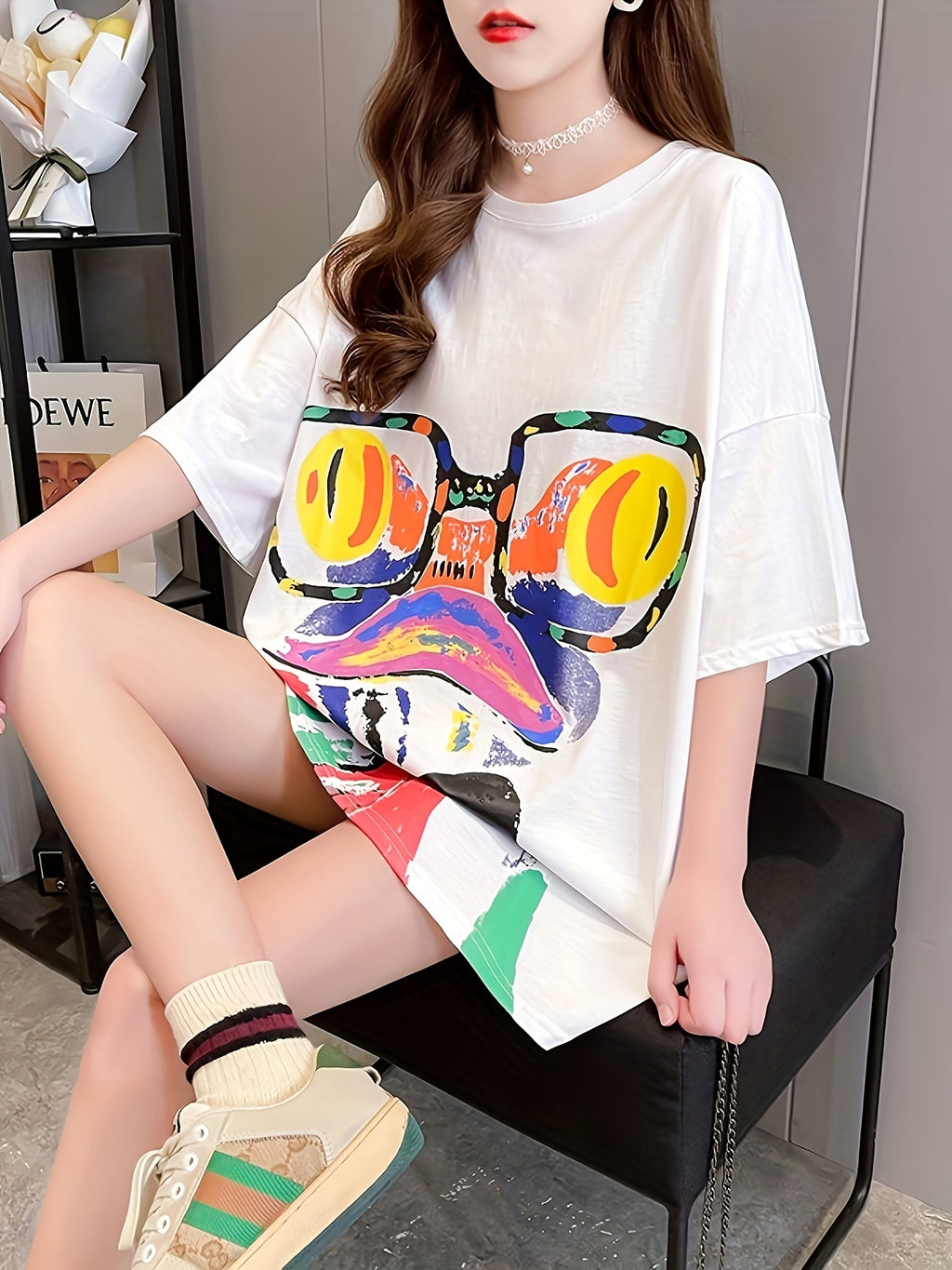 [Plus Size T-Shirt] Vibrant Plus Size Women's Cartoon Print T-Shirt | Loose Fit Round Neck Short Sleeve Top, Breathable Medium-Stretch Fabric, Long Length Casual Summer Spring Fall Machine Washable