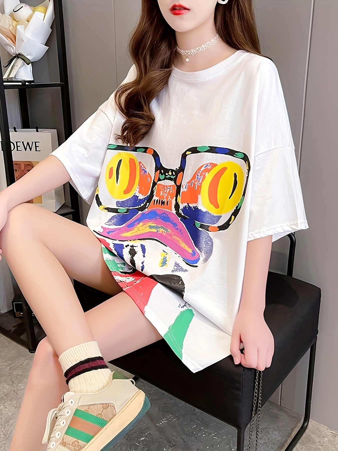 [Plus Size T-Shirt] Vibrant Plus Size Women's Cartoon Print T-Shirt | Loose Fit Round Neck Short Sleeve Top, Breathable Medium-Stretch Fabric, Long Length Casual Summer Spring Fall Machine Washable