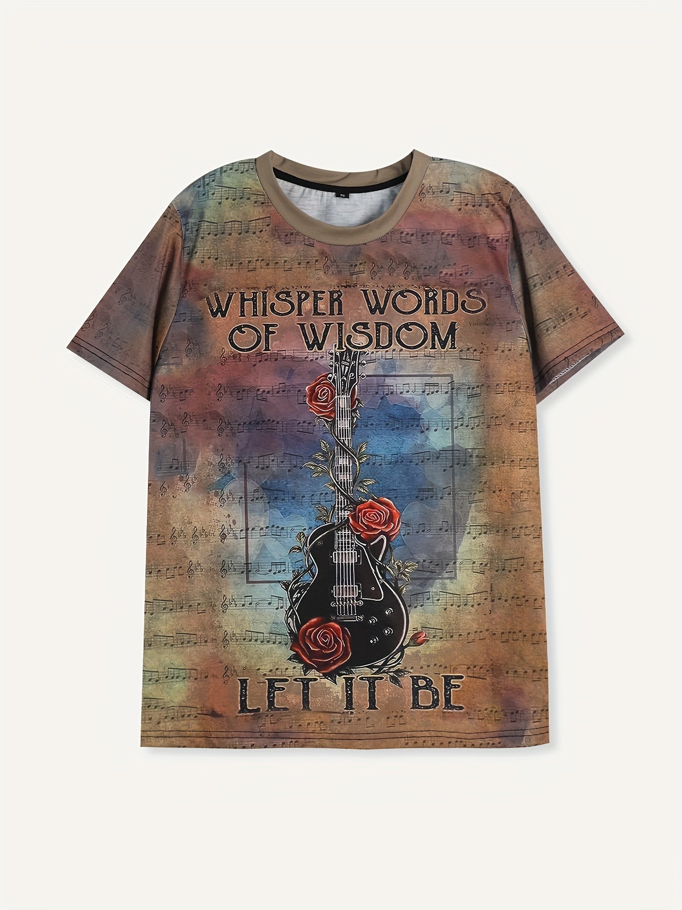 Vibrant Guitar & Rose Print Crew Neck T-Shirt - Soft, Breathable, Casual Short Sleeve Tee for Spring & Summer - Womens Fashion Clothing for Everyday Wear