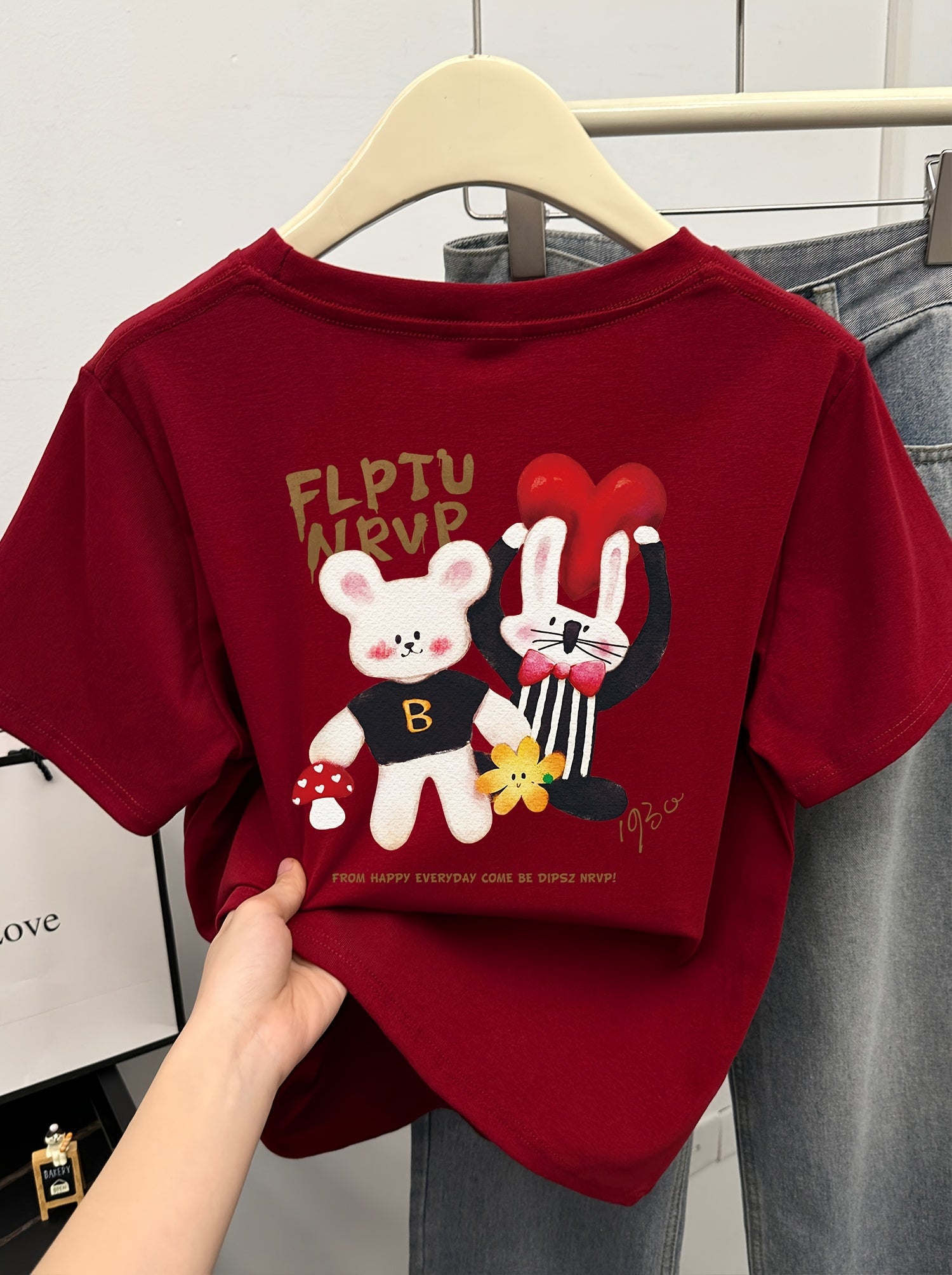 Women'S Cartoon Print T-Shirt - Short Sleeve Crew Neck, Casual Summer Top with Playful Bunny & Mushroom Design, Lightweight & Breathable for Casual Attire, Everyday Tshirt | Playful Graphic Tee | Comfortable Fit