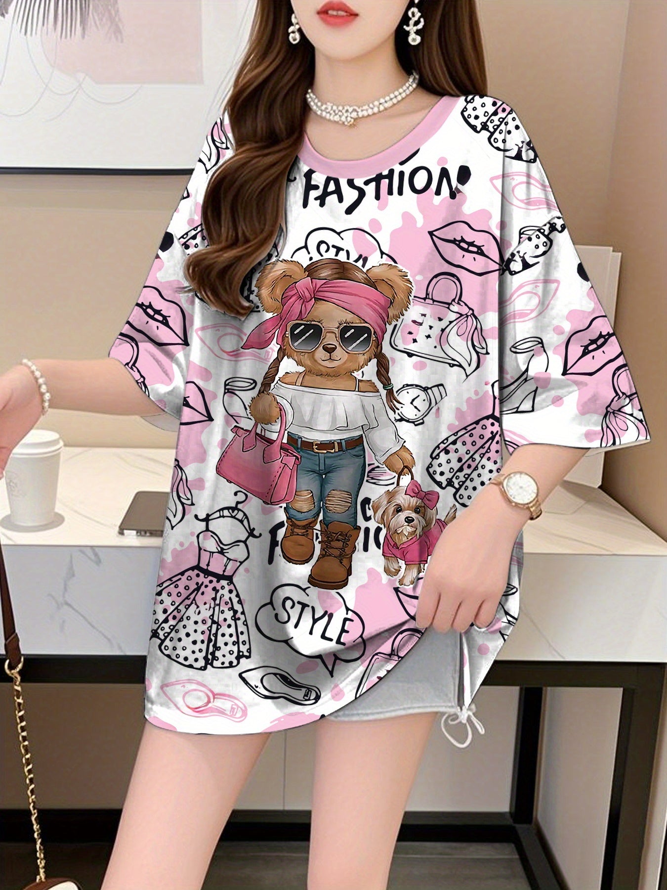 YZ-A249 Women's Oversized Graphic T-Shirt - Cute Cartoon Bear & TROOPER Print, Pink Casual Short Sleeve Round Neck Top, Breathable Summer Tee, Loose Fit Plus Size Friendly, Comfortable Daily Wear, Fun Print Design, Durable Casualwear, Medium Elasticity