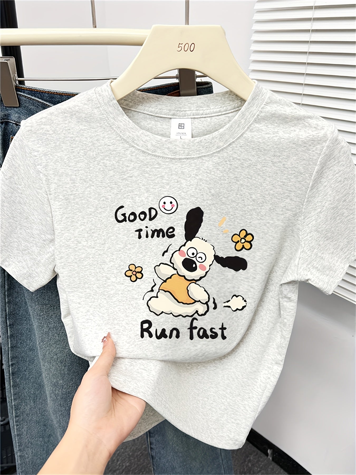 [Cute Cartoon Dog T-Shirt] Women's Cute Cartoon Dog & Floral Graphic Print T-Shirt | Korean Style Shoulder Top, Light Grey Round Neck Short Sleeve for Spring/Summer Casual Wear, Playful Design, Machine Washable, 2025 New