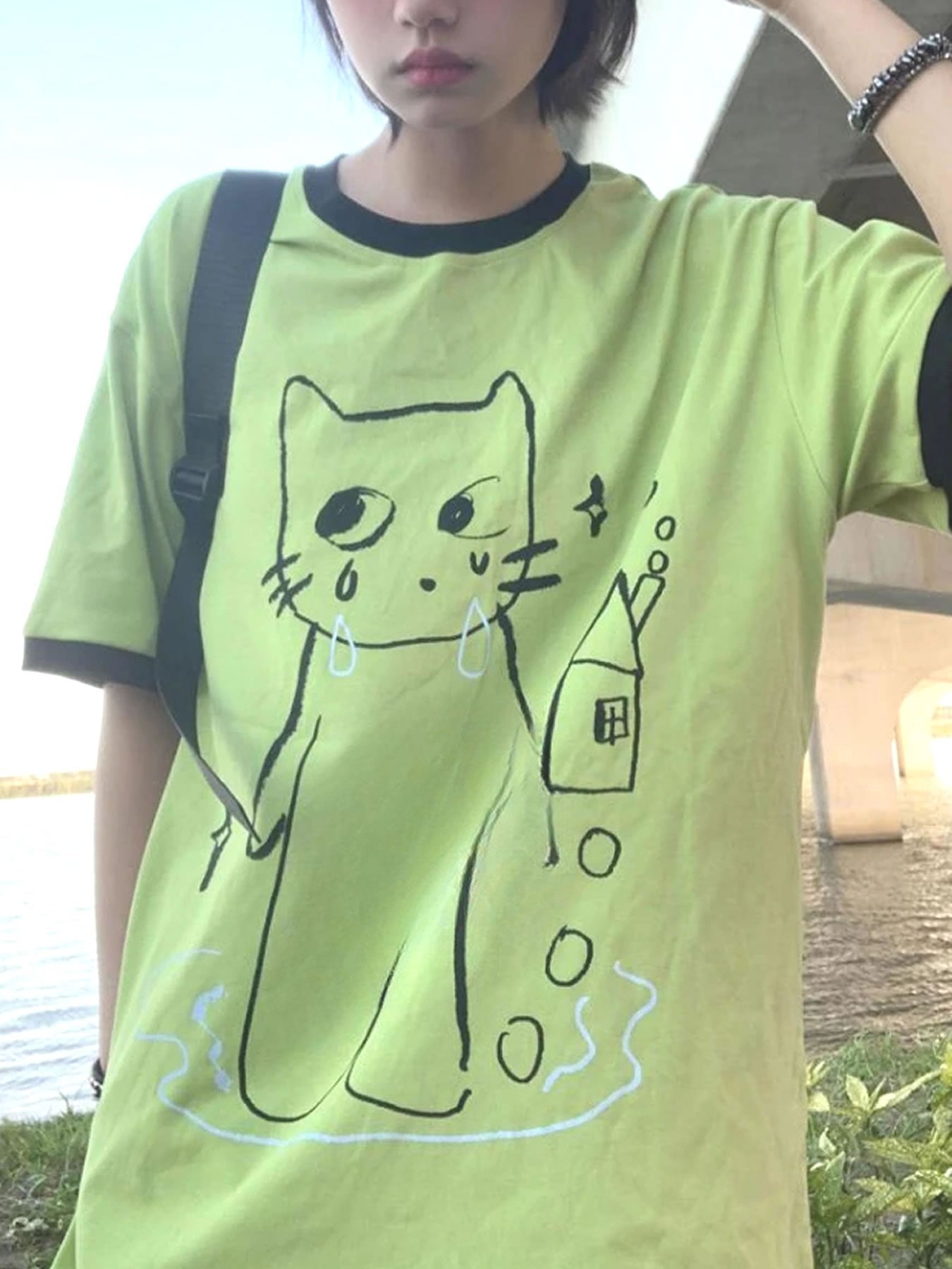 Women's Y2K Retro Korean Fashion T-Shirt - Cute Crying Cat Graphic Tee, Bright Lime Green with Minimalist Lines, Lightweight Everyday Streetwear Top for Parties & Outfits, Ladies Tee Shirts, Casual Summer Wear, Geometric Print Shirt, Nontransparent Fabric