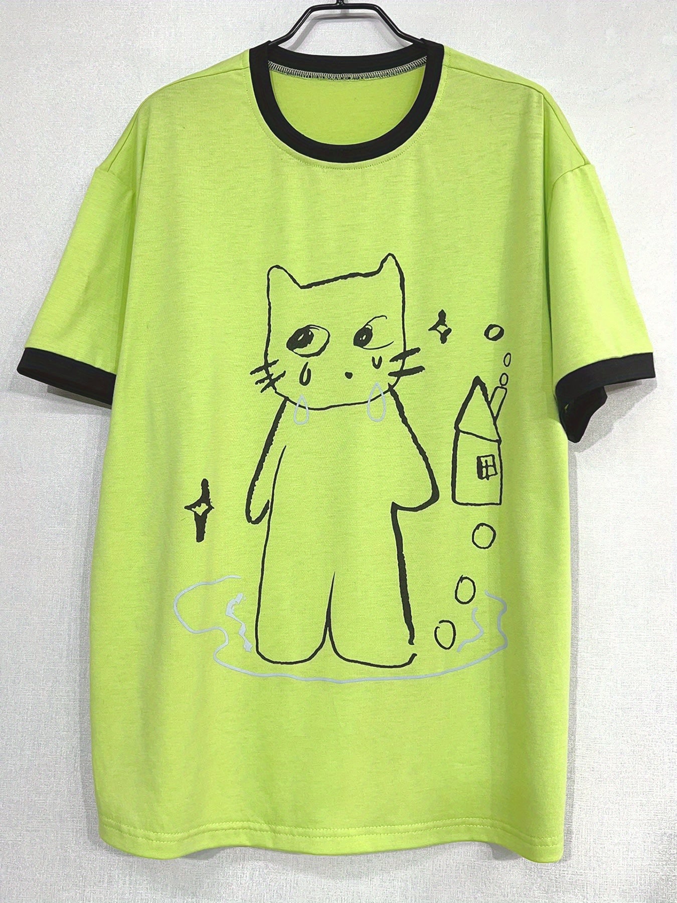 Women's Y2K Retro Korean Fashion T-Shirt - Cute Crying Cat Graphic Tee, Bright Lime Green with Minimalist Lines, Lightweight Everyday Streetwear Top for Parties & Outfits, Ladies Tee Shirts, Casual Summer Wear, Geometric Print Shirt, Nontransparent Fabric