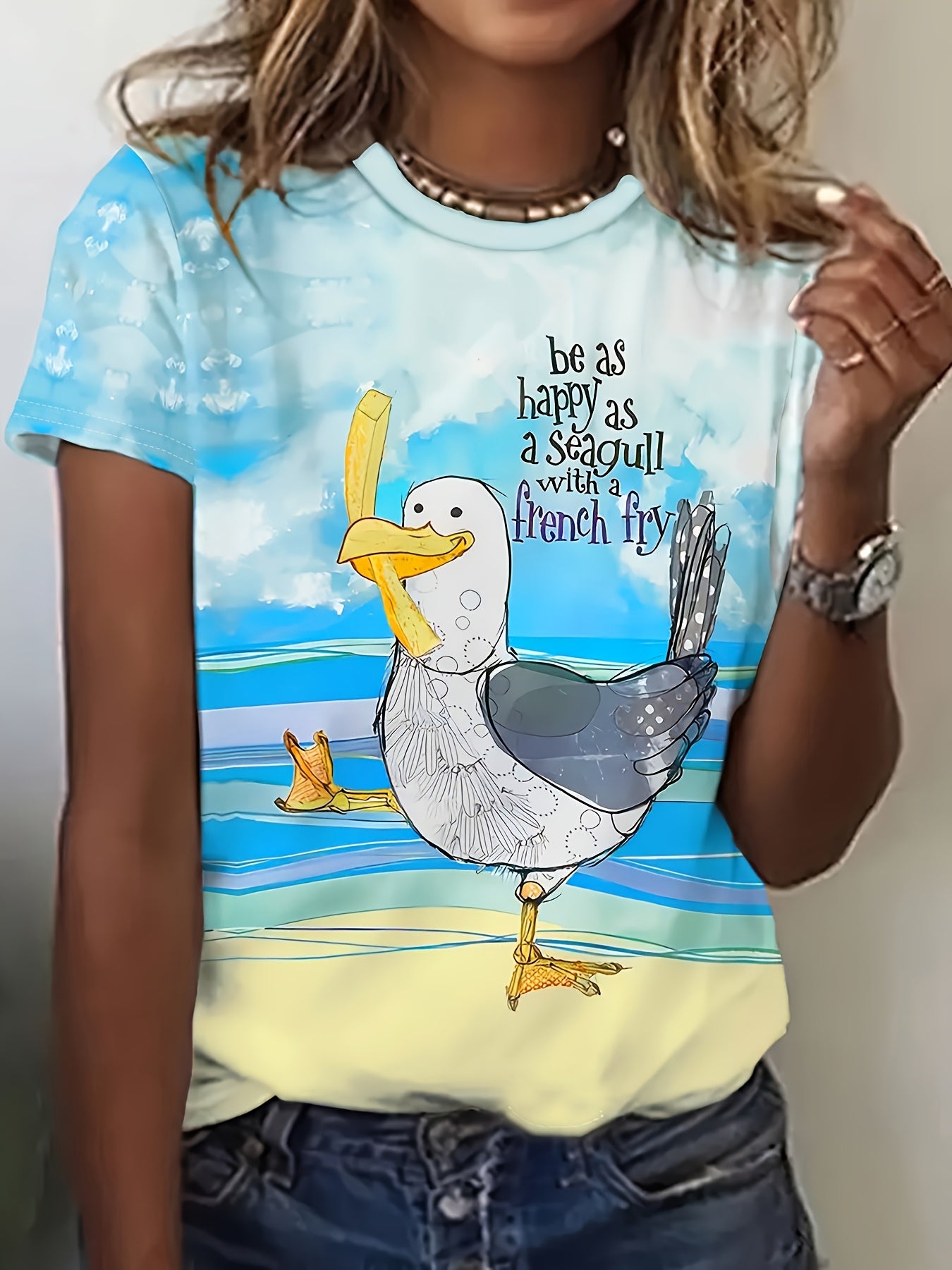 Breezy Cozy Women's Elegant Casual Short Sleeve Crewneck T-Shirt - Playful Duck Print with Fashion Glasses & French Fry Design, Breathable Polyester, 3D Digital Print, Machine Washable - Perfect for Spring & Summer, Duck T Shirt, Casual Attire, Playful