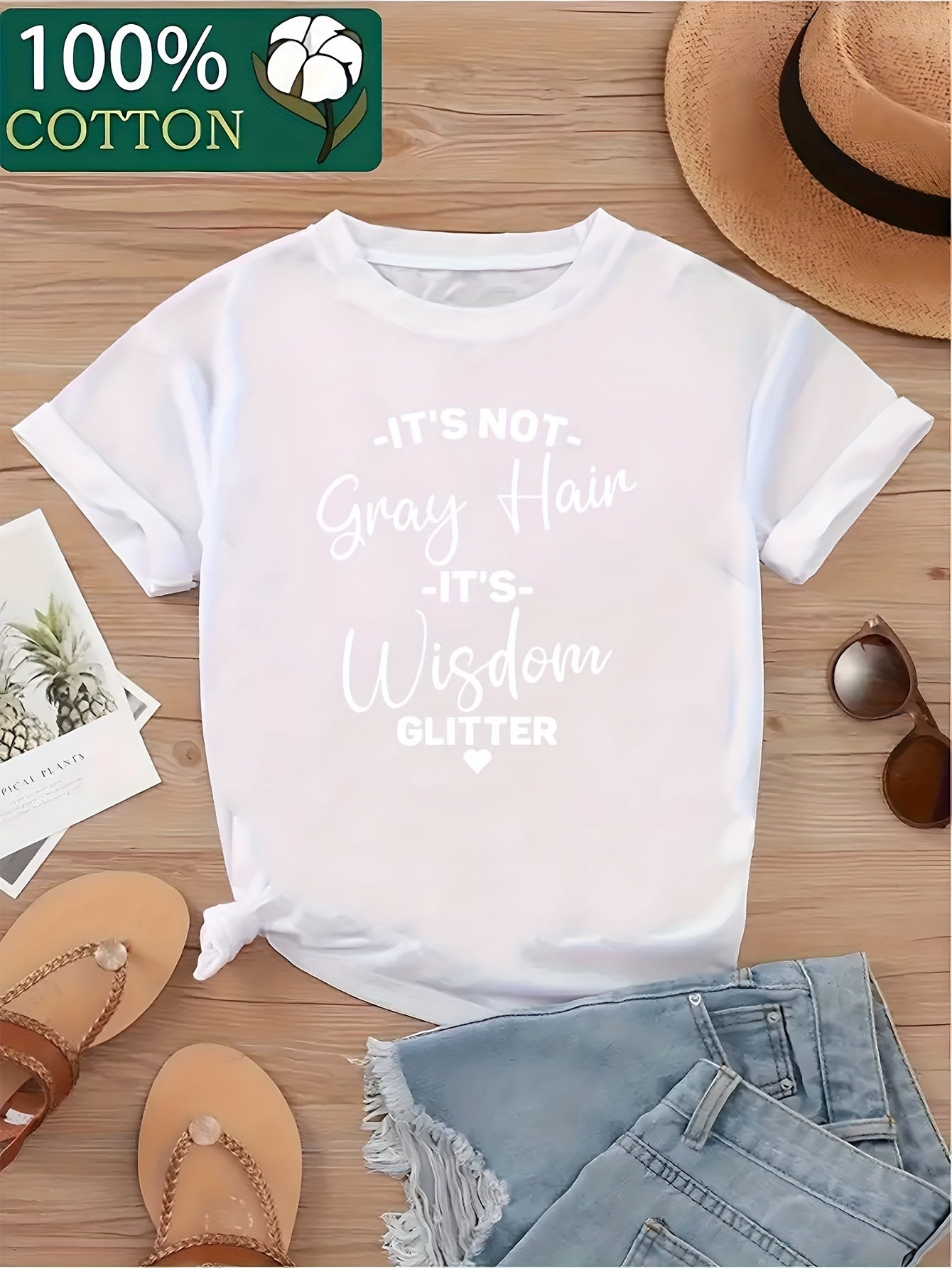Women's Funny Saying T-Shirt - "It's Not Gray Hair It's Wisdom Glitter" Graphic Tee in Navy Blue - Plus Size Casual Everyday Shirt - Lightweight Everyday Top for Women, Ladies T Shirts, Humorous Apparel, Drop Shoulder, Easy Care, Statement Top, Confident