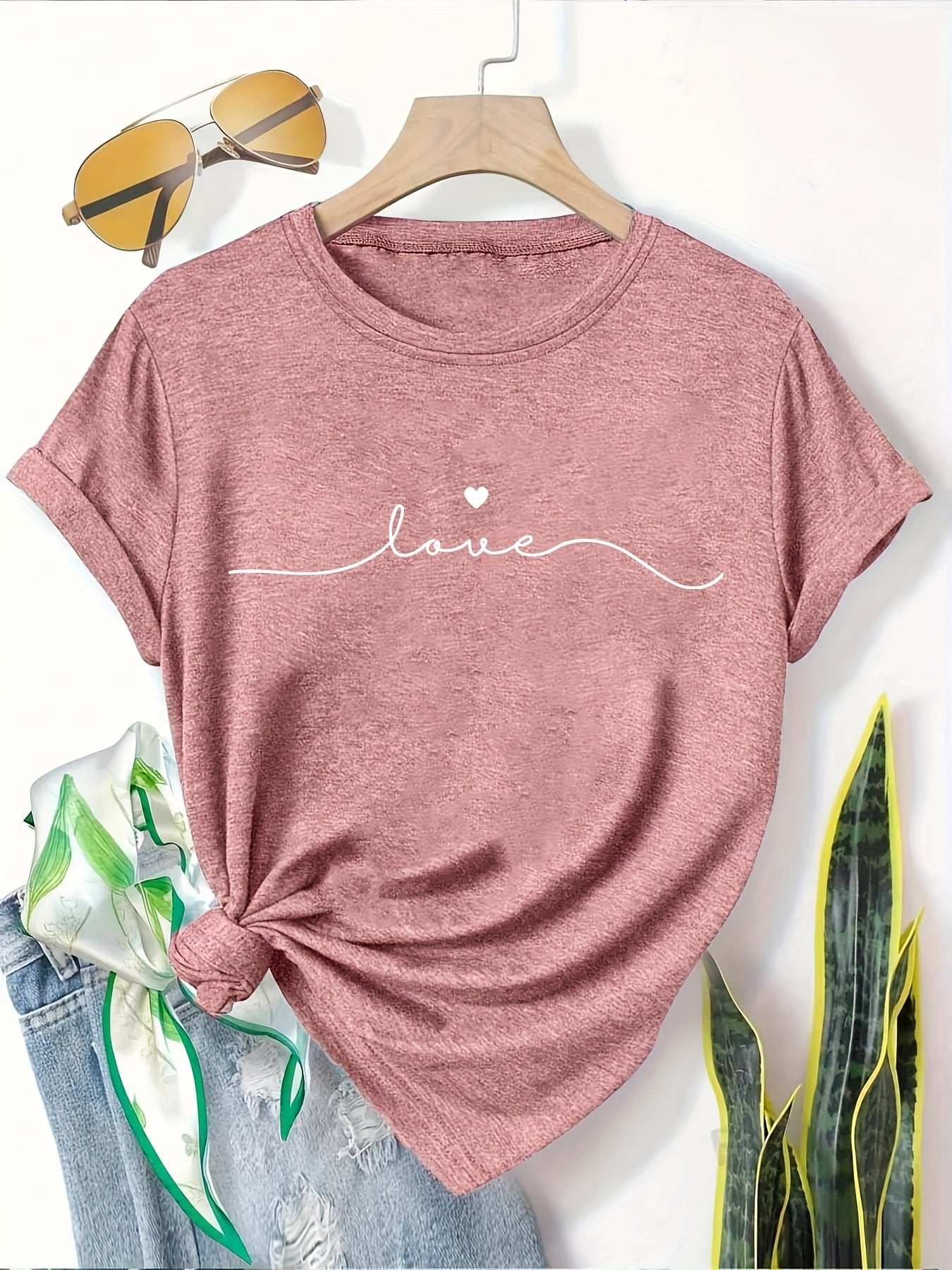 [5pcs Casual T-Shirts] 5pcs Women's Casual Short Sleeve T-Shirts | Breathable Machine-Washable Fabric, Geometric Print Tees with Dandelion, Floral & Bird Designs, 5 Color Options, Comfortable Fit, Artistic Design, Everyday Outfit, Printed Tops, Adults