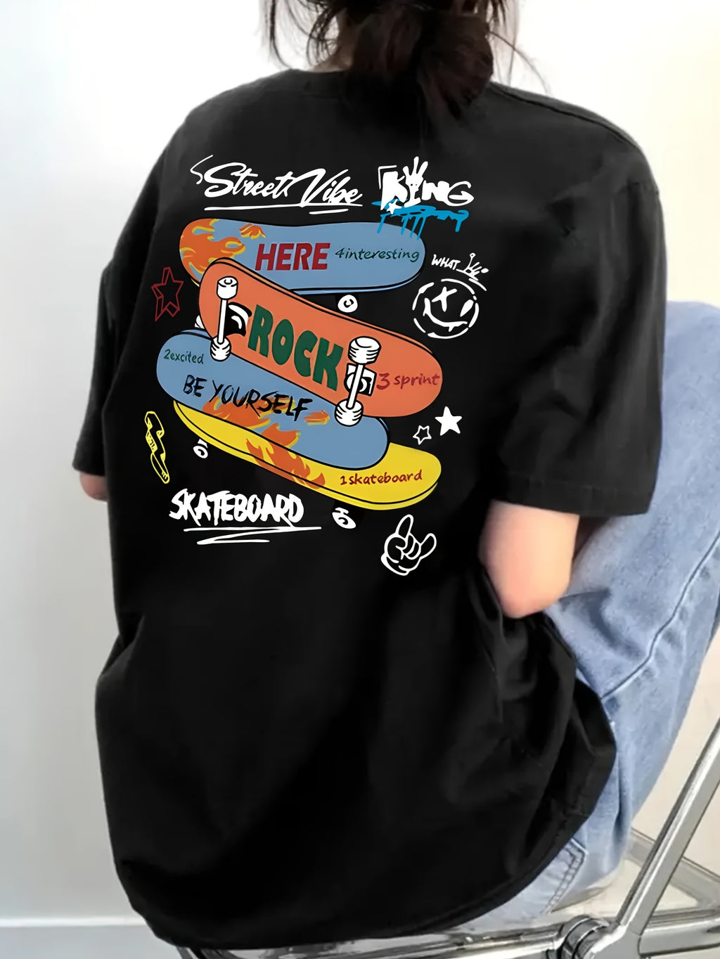Women's Summer Casual Skateboard Graphic Print T-Shirt - Loose Fit Longline Top with Cartoon Design, Light Yellow Round Neck Short Sleeve Tee for Streetwear & Everyday Outfits, Outfit Addition, Durable Fabric, Relaxed Fit, Easy Care, Print Shirt, Women