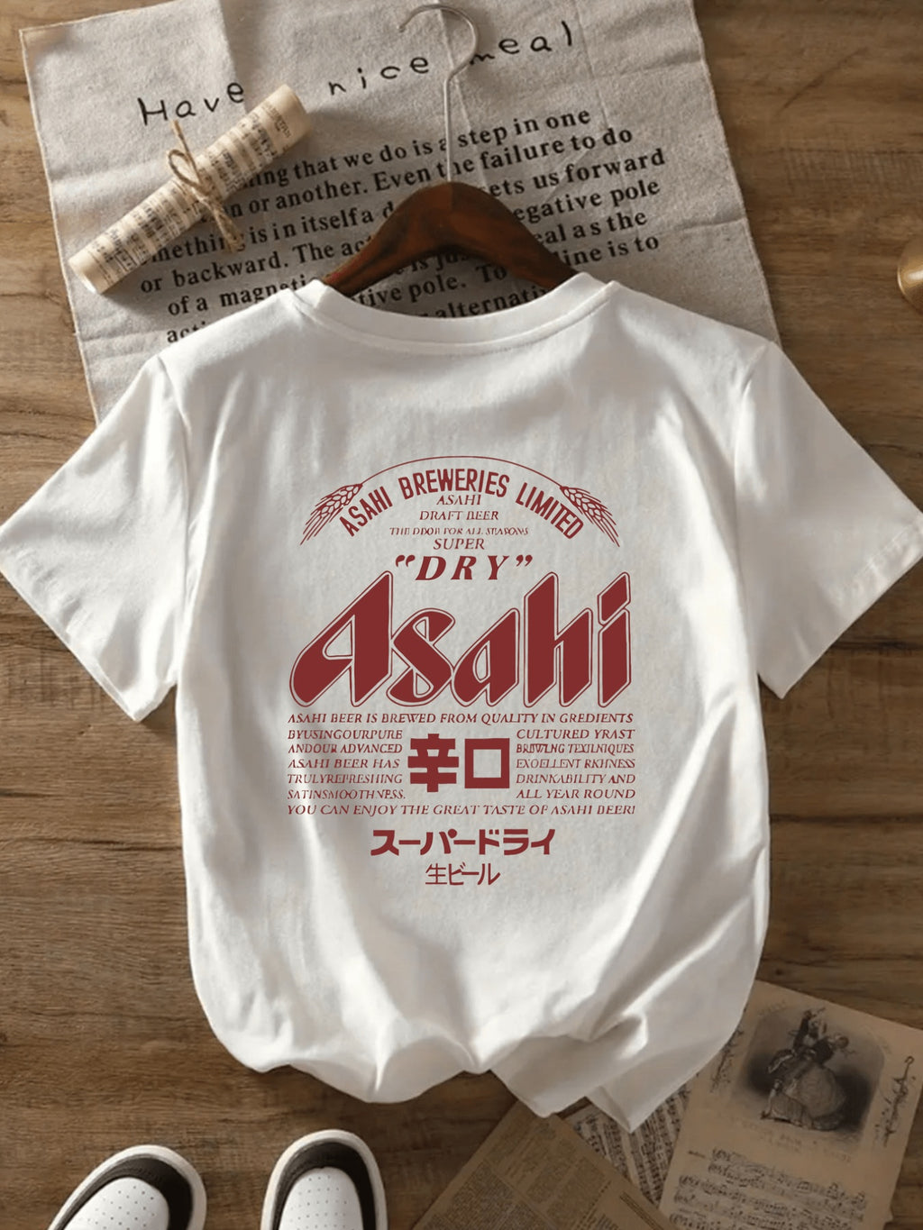 ASAHI Women's Vintage Japanese Beer Print T-Shirt - Short Sleeve Crew Neck Casual Top with "Dry" & "Club" Graphic, 95% Polyester/5% Elastane Blend, Lightweight 200gsm, Machine Washable, White with Red & Black Lettering