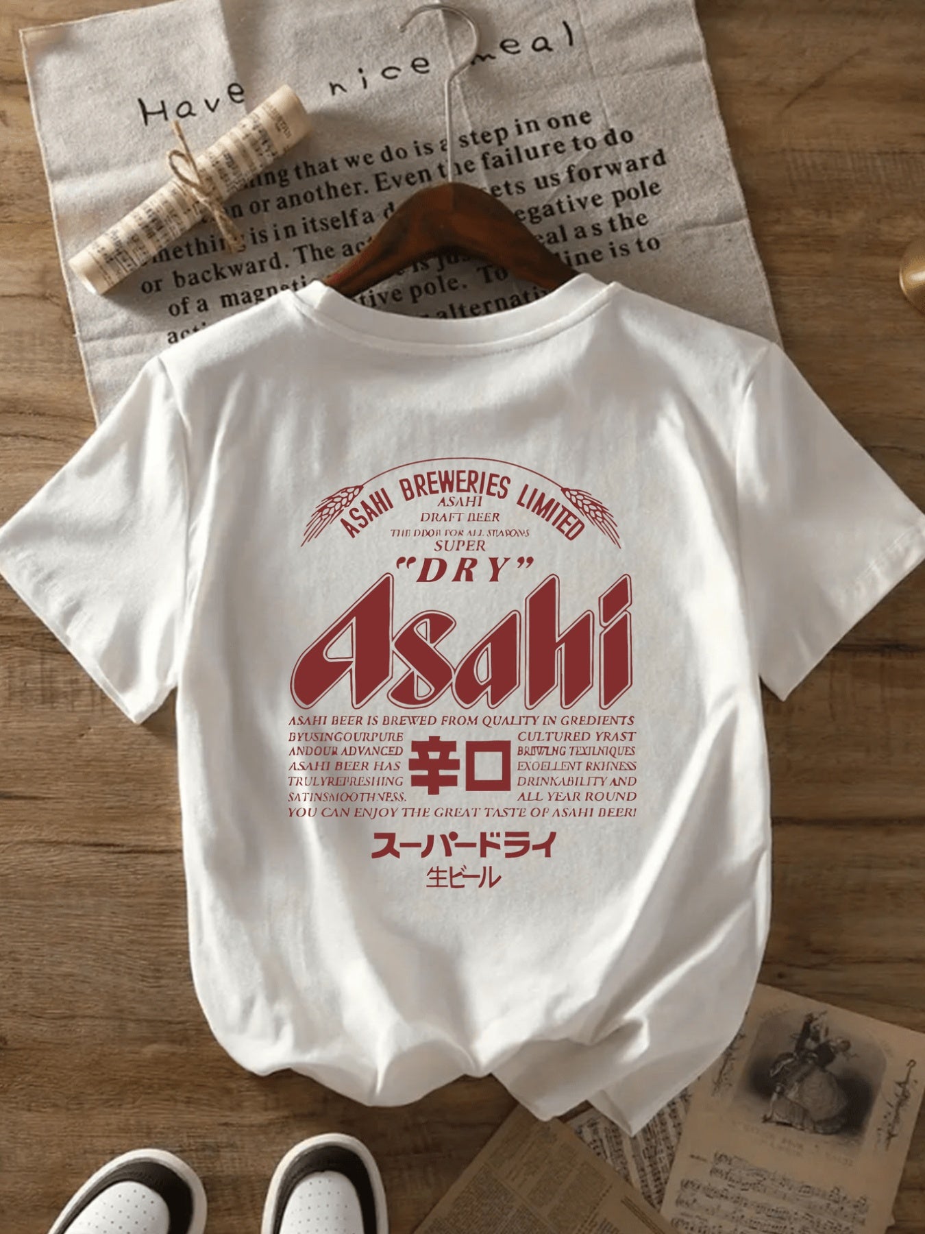 ASAHI Women's Vintage Japanese Beer Print T-Shirt - Short Sleeve Crew Neck Casual Top with "Dry" & "Club" Graphic, 95% Polyester/5% Elastane Blend, Lightweight 200gsm, Machine Washable, White with Red & Black Lettering