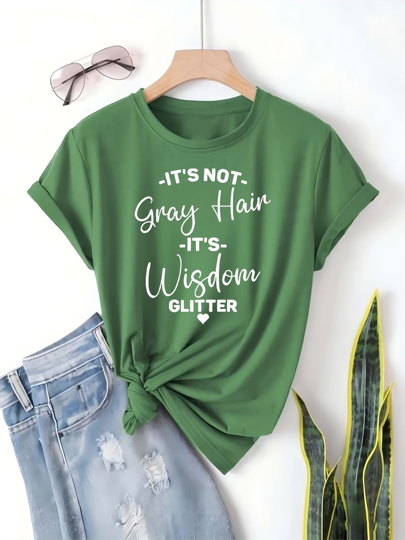 Women's Funny Saying T-Shirt - "It's Not Gray Hair It's Wisdom Glitter" Graphic Tee in Navy Blue - Plus Size Casual Everyday Shirt - Lightweight Everyday Top for Women, Ladies T Shirts, Humorous Apparel, Drop Shoulder, Easy Care, Statement Top, Confident