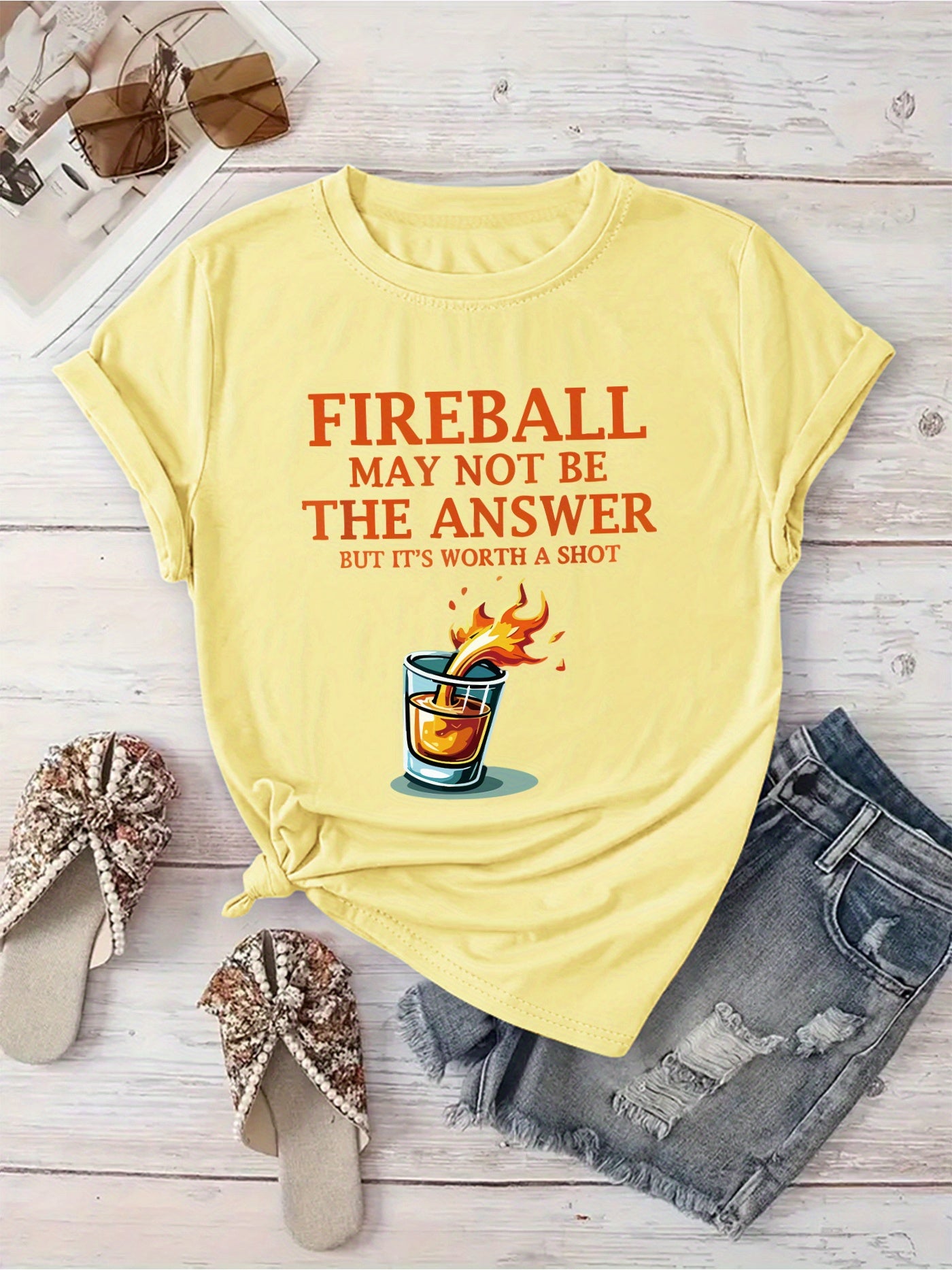 [Playful Vacation Wear Tee] Women's "Fireball May Not Be the Answer but It's Worth a Shot" Graphic Tee - Lightweight, Machine Washable Crew Neck Short Sleeve T-Shirt with Flaming Drink Design | Playful Print Top | Perfect for Spring/Summer Vacation Wear