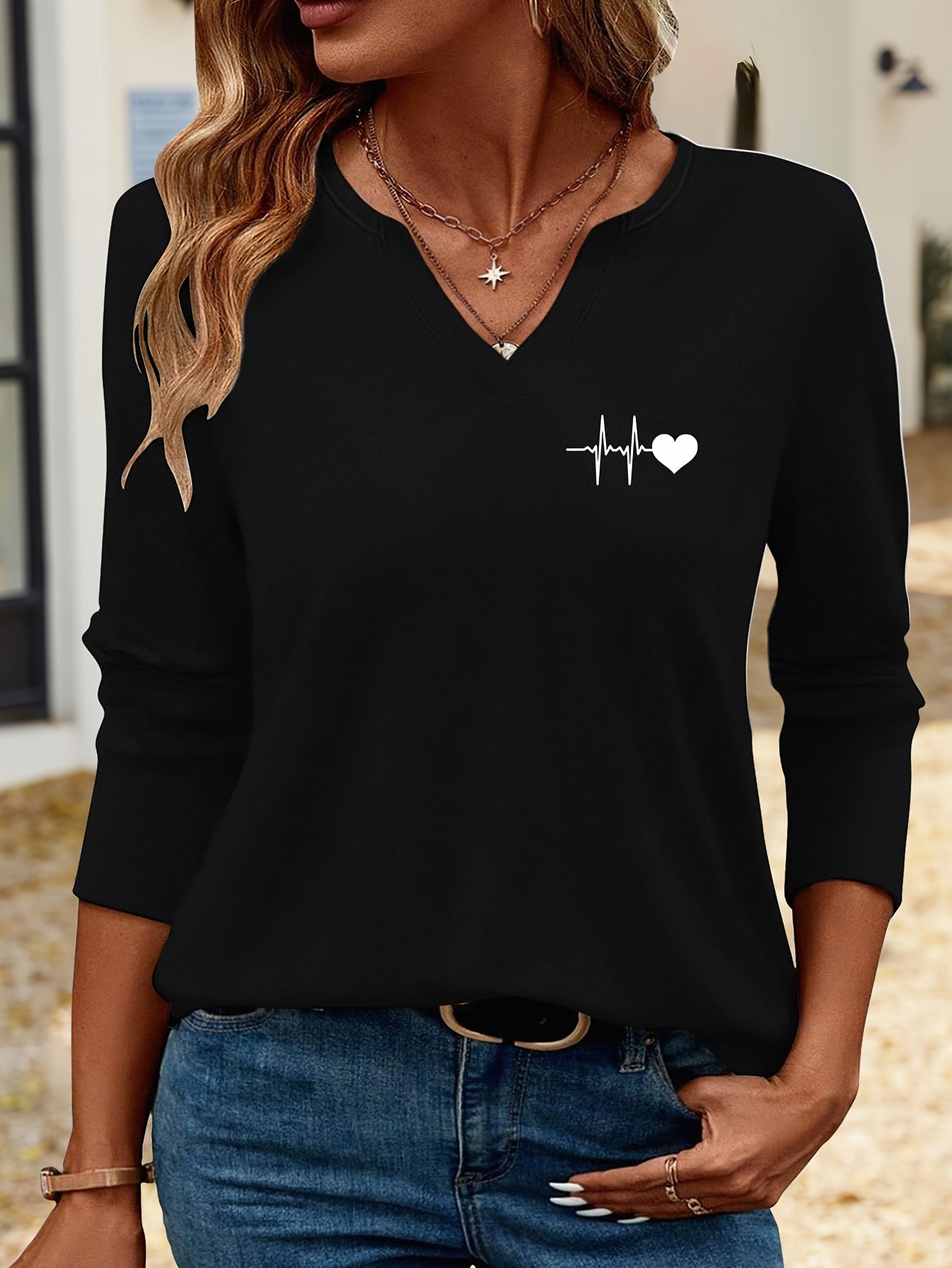Simple Heart Pattern Print 3/4 Sleeve T-Shirt 824