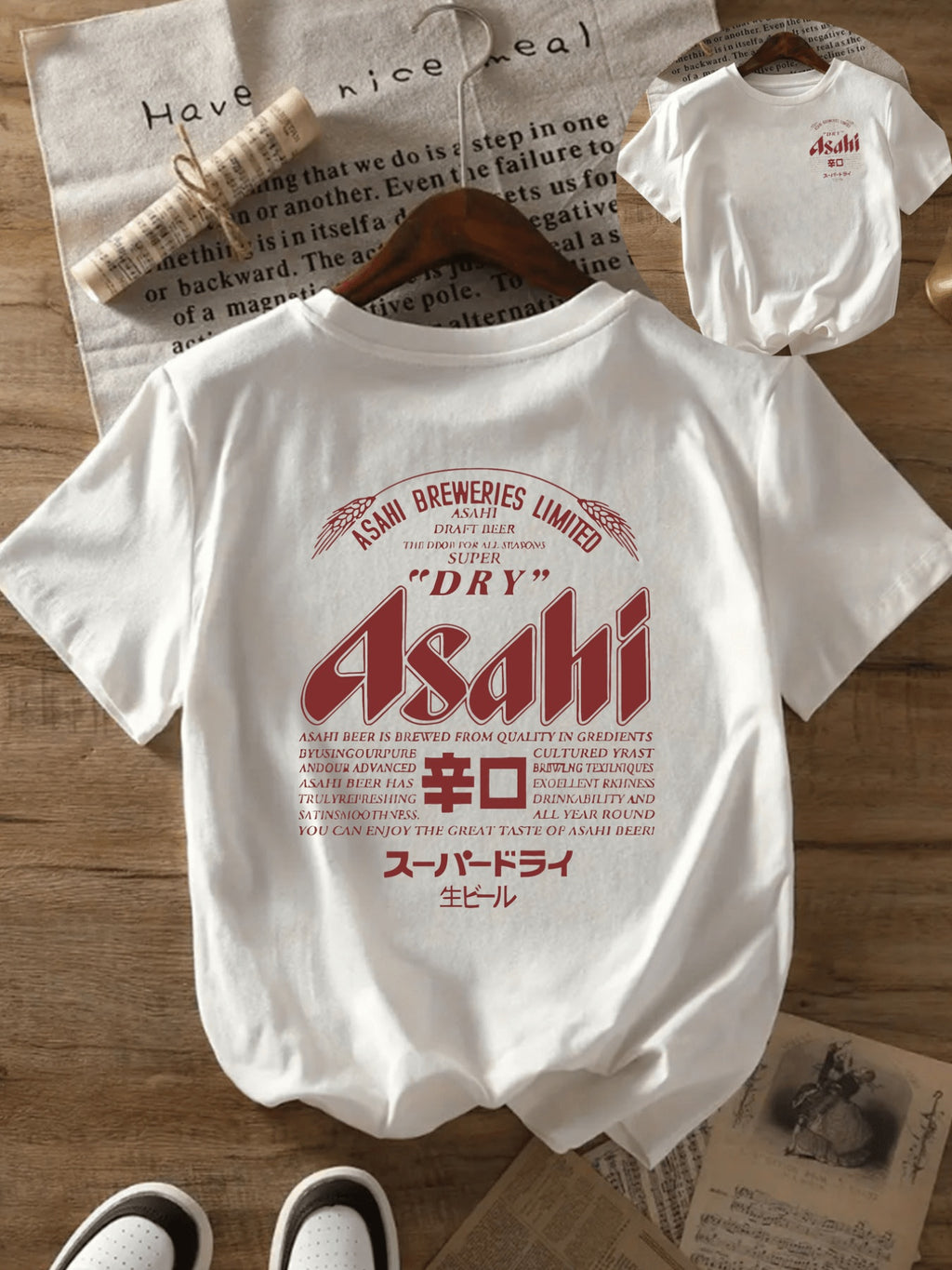 ASAHI Women's Vintage Japanese Beer Print T-Shirt - Short Sleeve Crew Neck Casual Top with "Dry" & "Club" Graphic, 95% Polyester/5% Elastane Blend, Lightweight 200gsm, Machine Washable, White with Red & Black Lettering