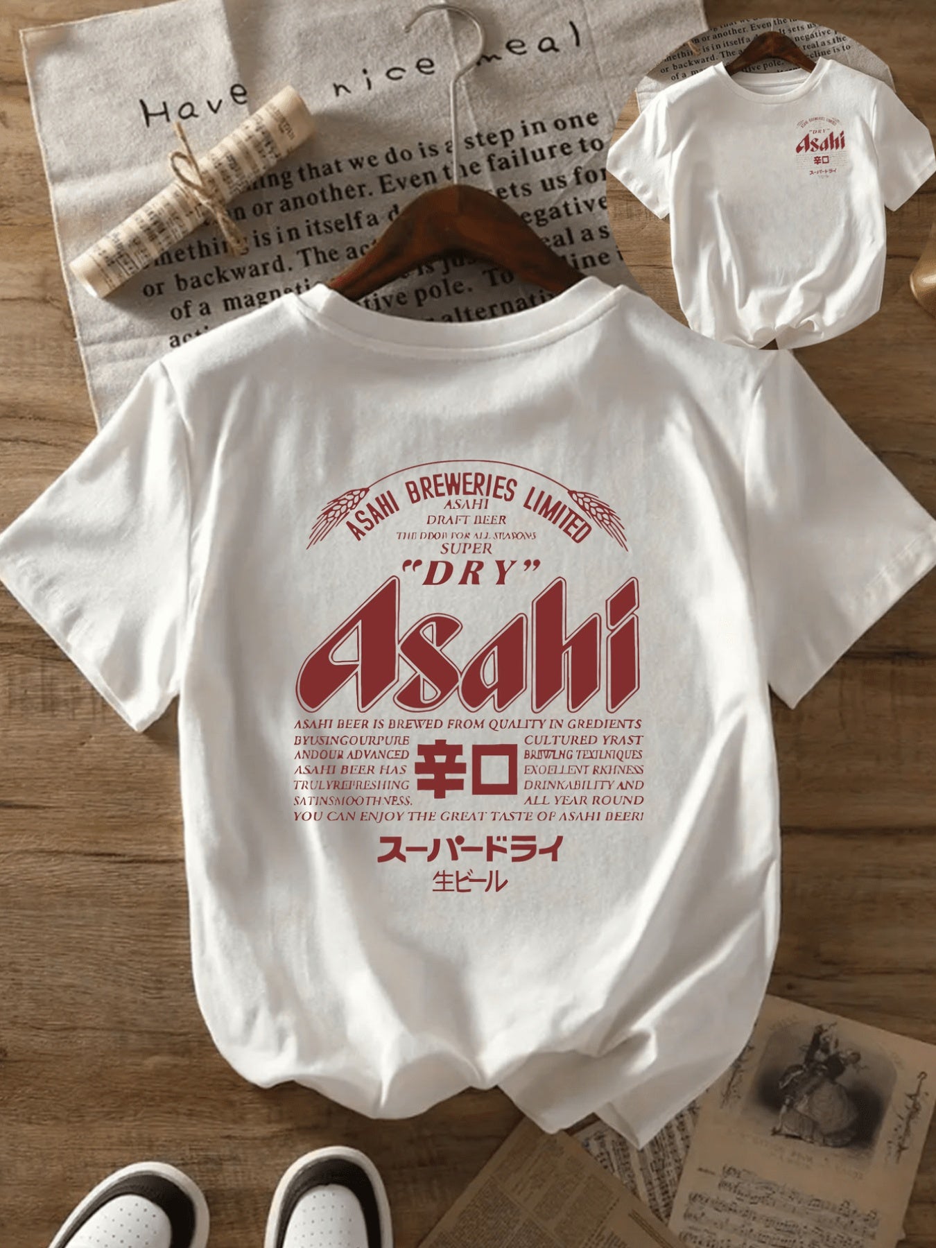 ASAHI Women's Vintage Japanese Beer Print T-Shirt - Short Sleeve Crew Neck Casual Top with "Dry" & "Club" Graphic, 95% Polyester/5% Elastane Blend, Lightweight 200gsm, Machine Washable, White with Red & Black Lettering