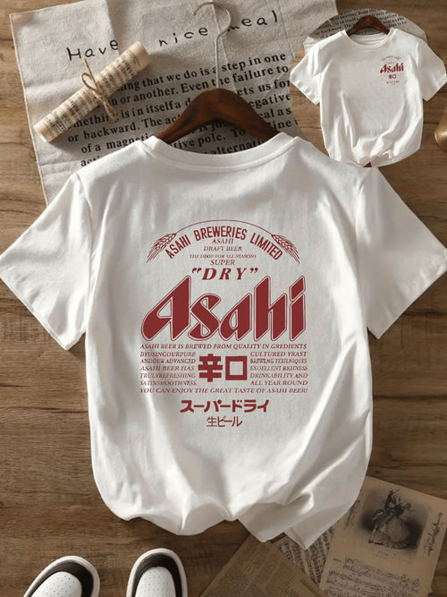 ASAHI Women's Vintage Japanese Beer Print T-Shirt - Short Sleeve Crew Neck Casual Top with "Dry" & "Club" Graphic, 95% Polyester/5% Elastane Blend, Lightweight 200gsm, Machine Washable, White with Red & Black Lettering
