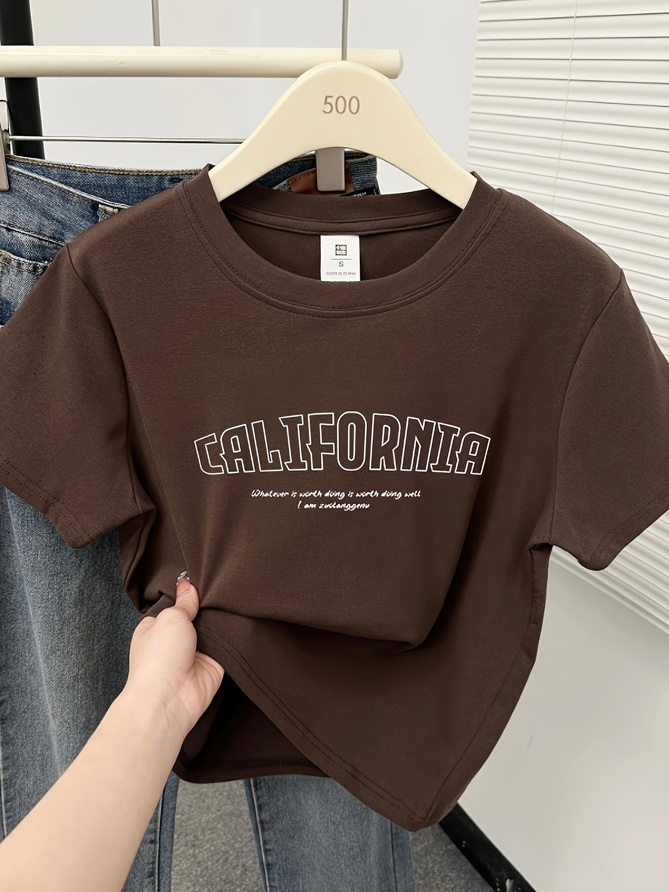 Everyday Comfort, Women's California Letter Print T-Shirt - Casual Korean Style, Short Sleeve, Round Neck, Brown Rayon Blend Top