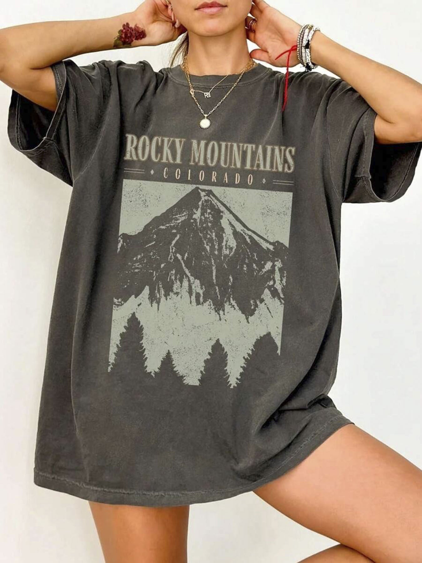 100% Pure, Mountain And Letter Pattern Printed T-Shirt, Spring And Summer Round Neck Short Sleeved T-Shirt, Pure Breathable Casual Sports Top, Holiday Gift W