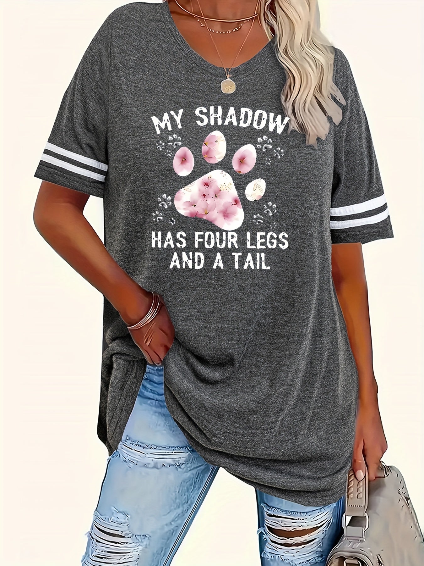 Plus Size Women's Graphic T-Shirt - "My Shadow Has Four Legs" Cat Lover Design with Paw Prints & Striped Sleeves, Soft Round Neck Casual Tee, Machine Washable, Sizes 1X-8X, Cat Tshirt