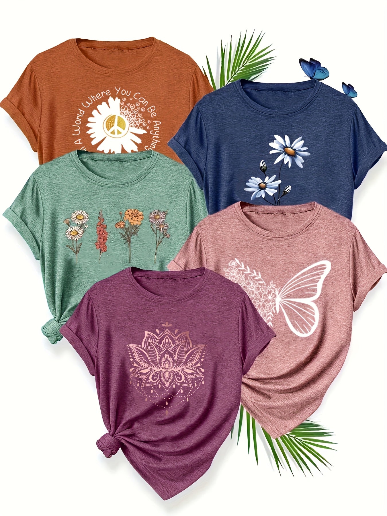 [5pcs Casual T-Shirts] 5pcs Women's Casual Short Sleeve T-Shirts | Breathable Machine-Washable Fabric, Geometric Print Tees with Dandelion, Floral & Bird Designs, 5 Color Options, Comfortable Fit, Artistic Design, Everyday Outfit, Printed Tops, Adults