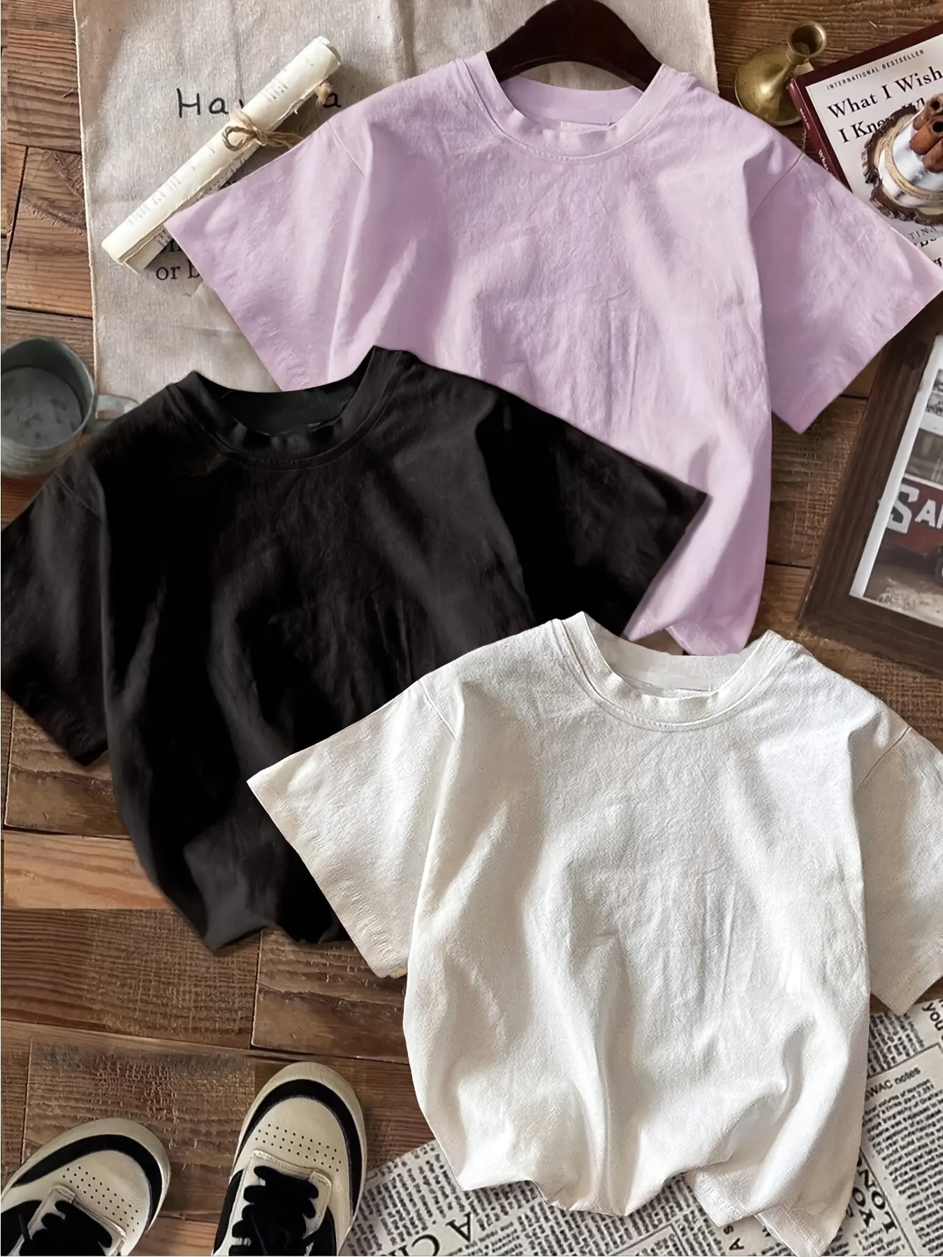 [3pcs Women'S Geometric Print T-Shirts] 3-Pack Women'S Casual Round Neck Short Sleeve T-Shirts, Geometric Print Summer Knit Tops, Polyester Blend, Regular Length - Black, Purple, White