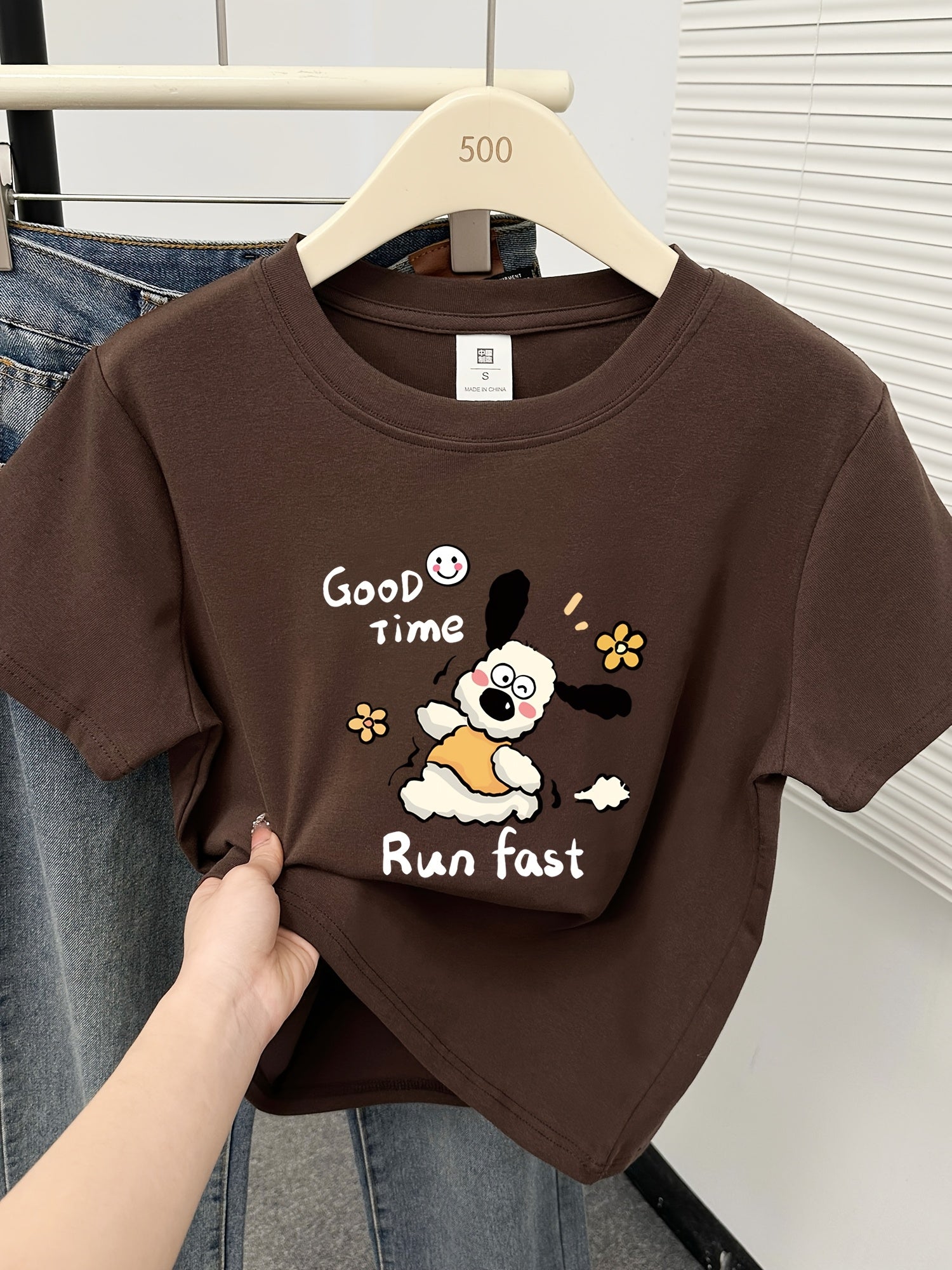 [Cute Cartoon Dog T-Shirt] Women's Cute Cartoon Dog & Floral Graphic Print T-Shirt | Korean Style Shoulder Top, Light Grey Round Neck Short Sleeve for Spring/Summer Casual Wear, Playful Design, Machine Washable, 2025 New