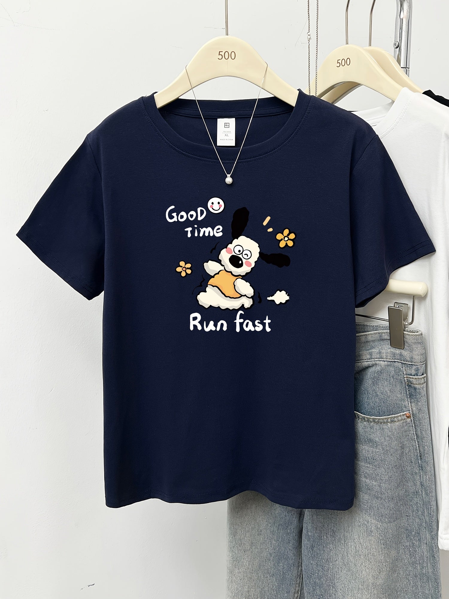 [Cute Cartoon Dog T-Shirt] Women's Cute Cartoon Dog & Floral Graphic Print T-Shirt | Korean Style Shoulder Top, Light Grey Round Neck Short Sleeve for Spring/Summer Casual Wear, Playful Design, Machine Washable, 2025 New