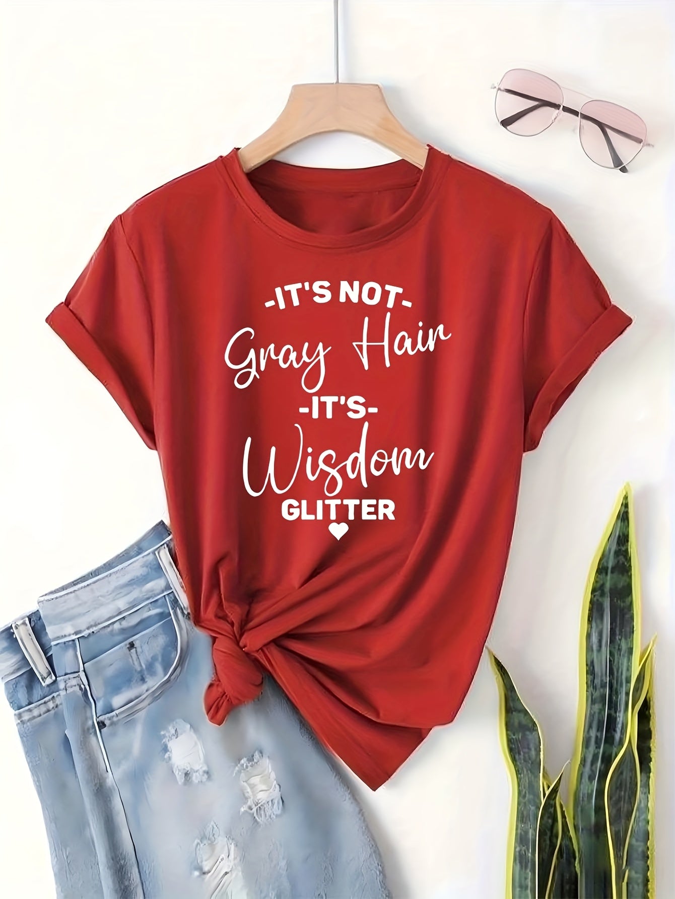 Women's Funny Saying T-Shirt - "It's Not Gray Hair It's Wisdom Glitter" Graphic Tee in Navy Blue - Plus Size Casual Everyday Shirt - Lightweight Everyday Top for Women, Ladies T Shirts, Humorous Apparel, Drop Shoulder, Easy Care, Statement Top, Confident