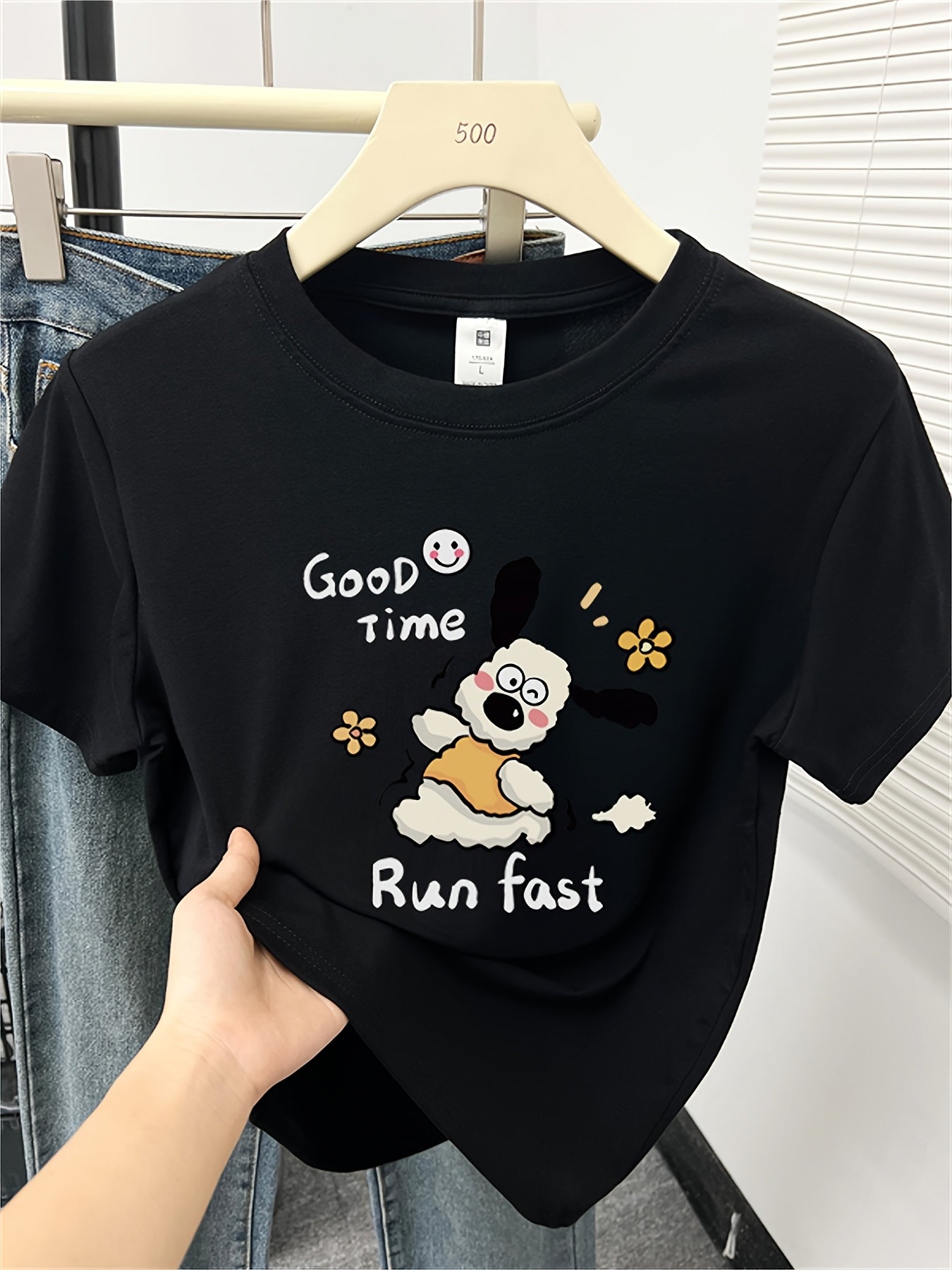[Cute Cartoon Dog T-Shirt] Women's Cute Cartoon Dog & Floral Graphic Print T-Shirt | Korean Style Shoulder Top, Light Grey Round Neck Short Sleeve for Spring/Summer Casual Wear, Playful Design, Machine Washable, 2025 New