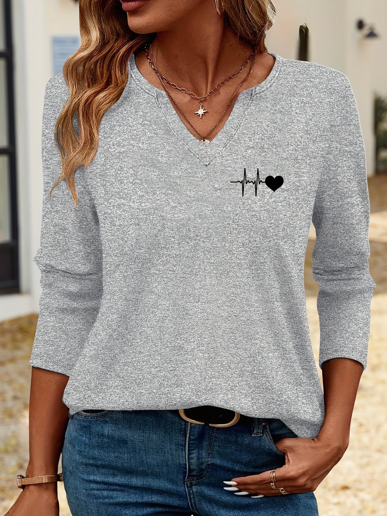 Simple Heart Pattern Print 3/4 Sleeve T-Shirt 824