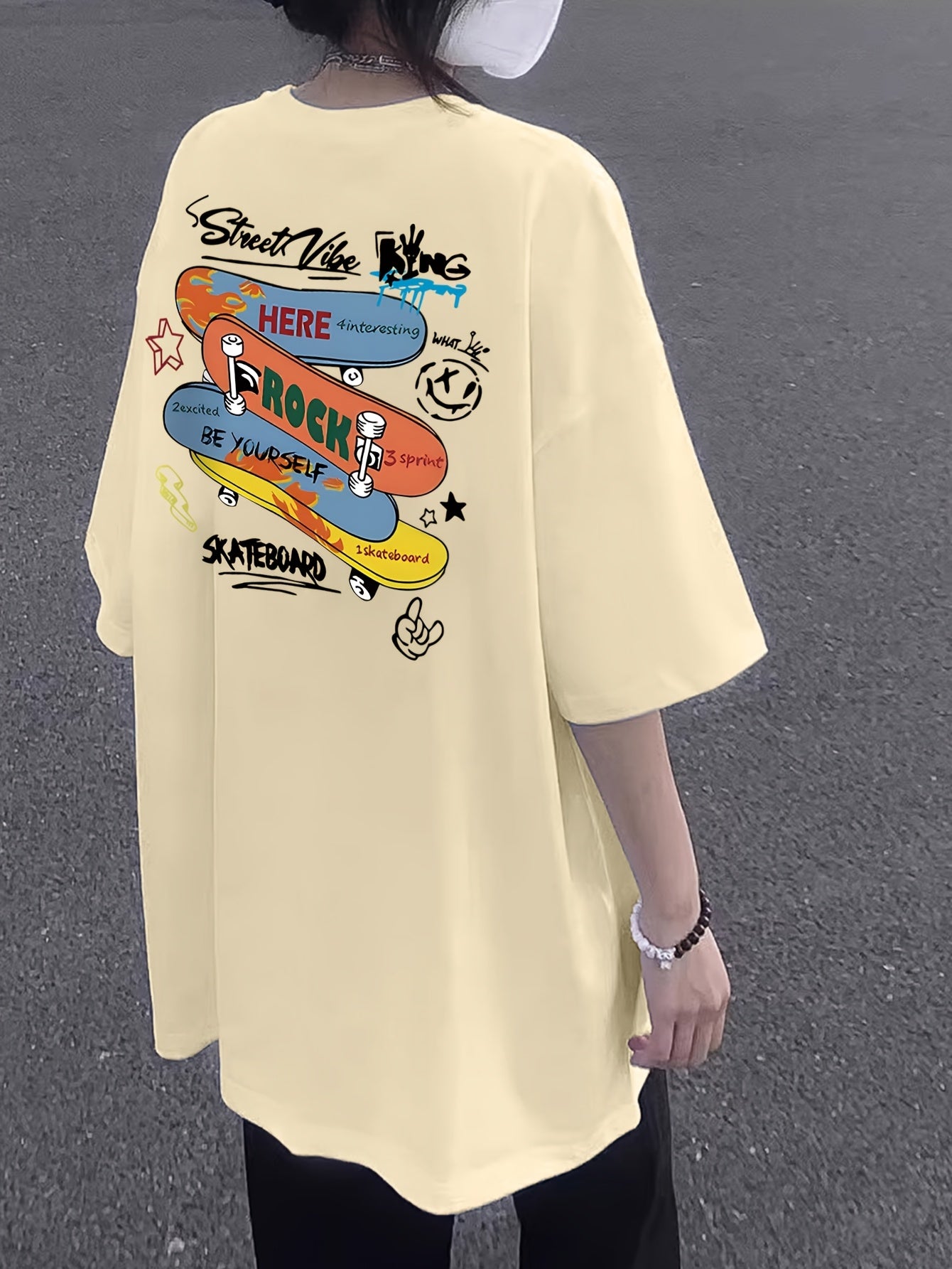 Women's Summer Casual Skateboard Graphic Print T-Shirt - Loose Fit Longline Top with Cartoon Design, Light Yellow Round Neck Short Sleeve Tee for Streetwear & Everyday Outfits, Outfit Addition, Durable Fabric, Relaxed Fit, Easy Care, Print Shirt, Women