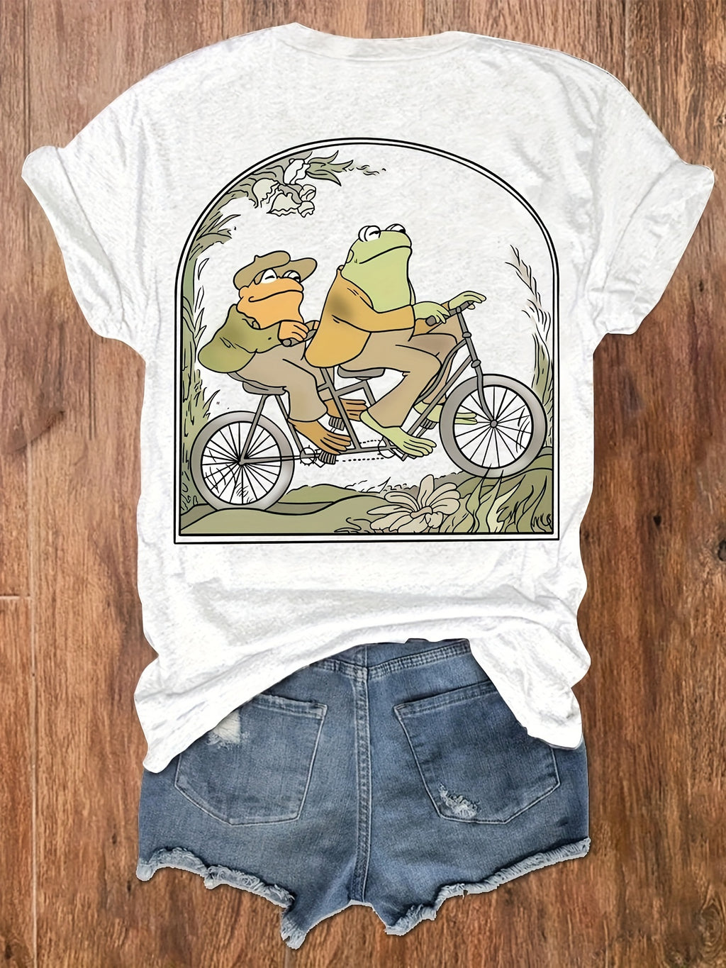 [Green Frog T-Shirt] Women's Casual Green Frog Print Round Neck Short Sleeve T-Shirt | Vacation Top