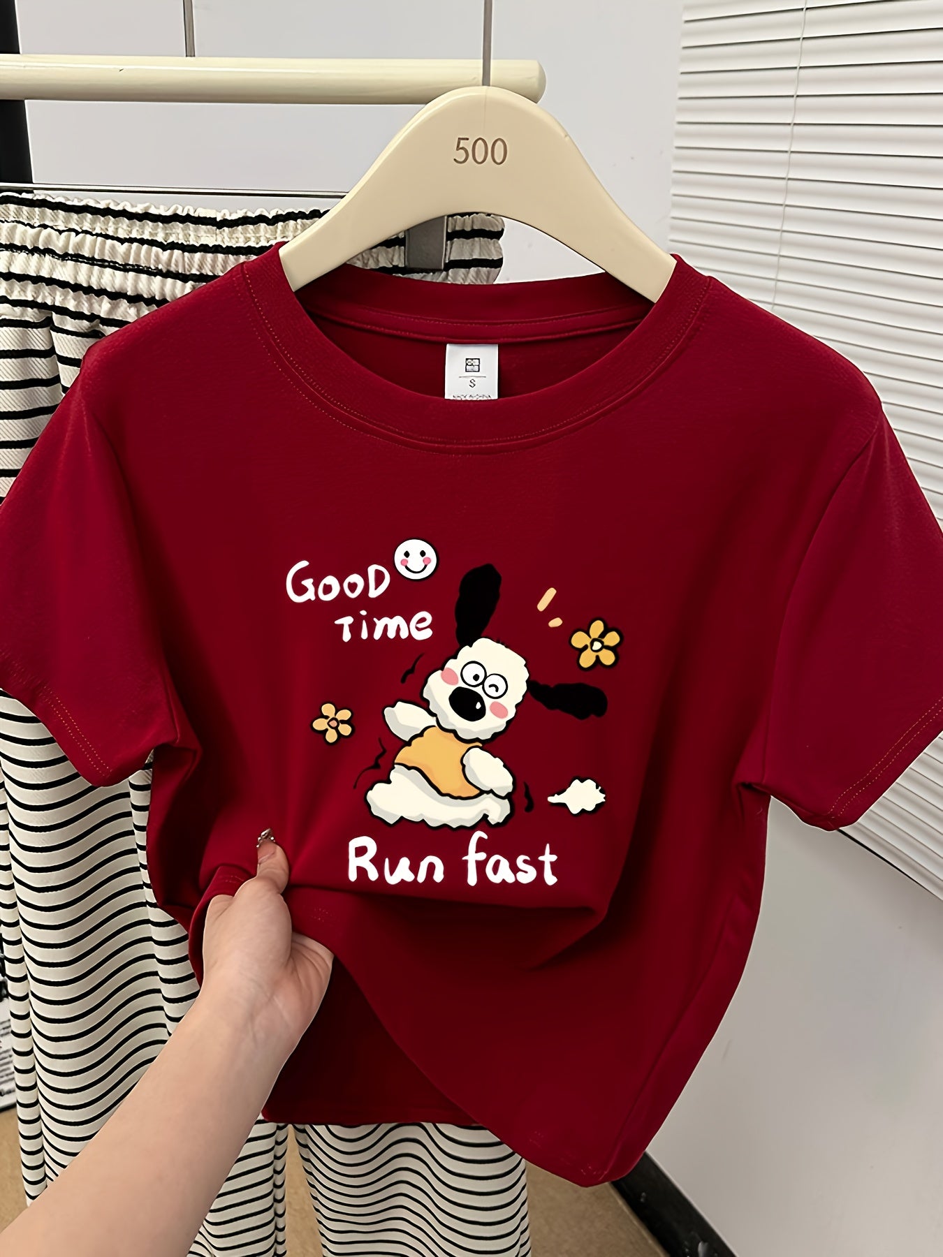 [Cute Cartoon Dog T-Shirt] Women's Cute Cartoon Dog & Floral Graphic Print T-Shirt | Korean Style Shoulder Top, Light Grey Round Neck Short Sleeve for Spring/Summer Casual Wear, Playful Design, Machine Washable, 2025 New