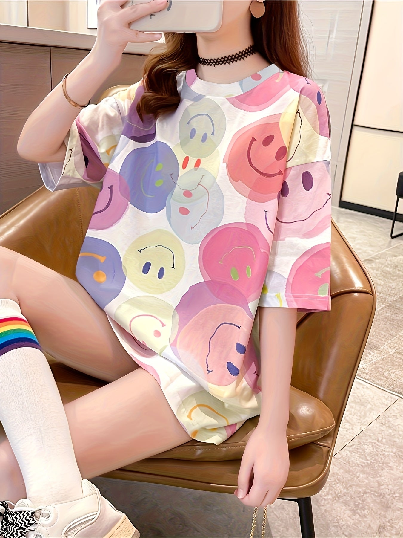 Women'S Plus Size Cute Cartoon Print T-Shirt - Casual Crew Neck, Short Sleeve, Oversized Fit, Breathable Polyester Fabric for Spring/Summer/Fall - " Style" Graphic Tee with Playful Face Desig