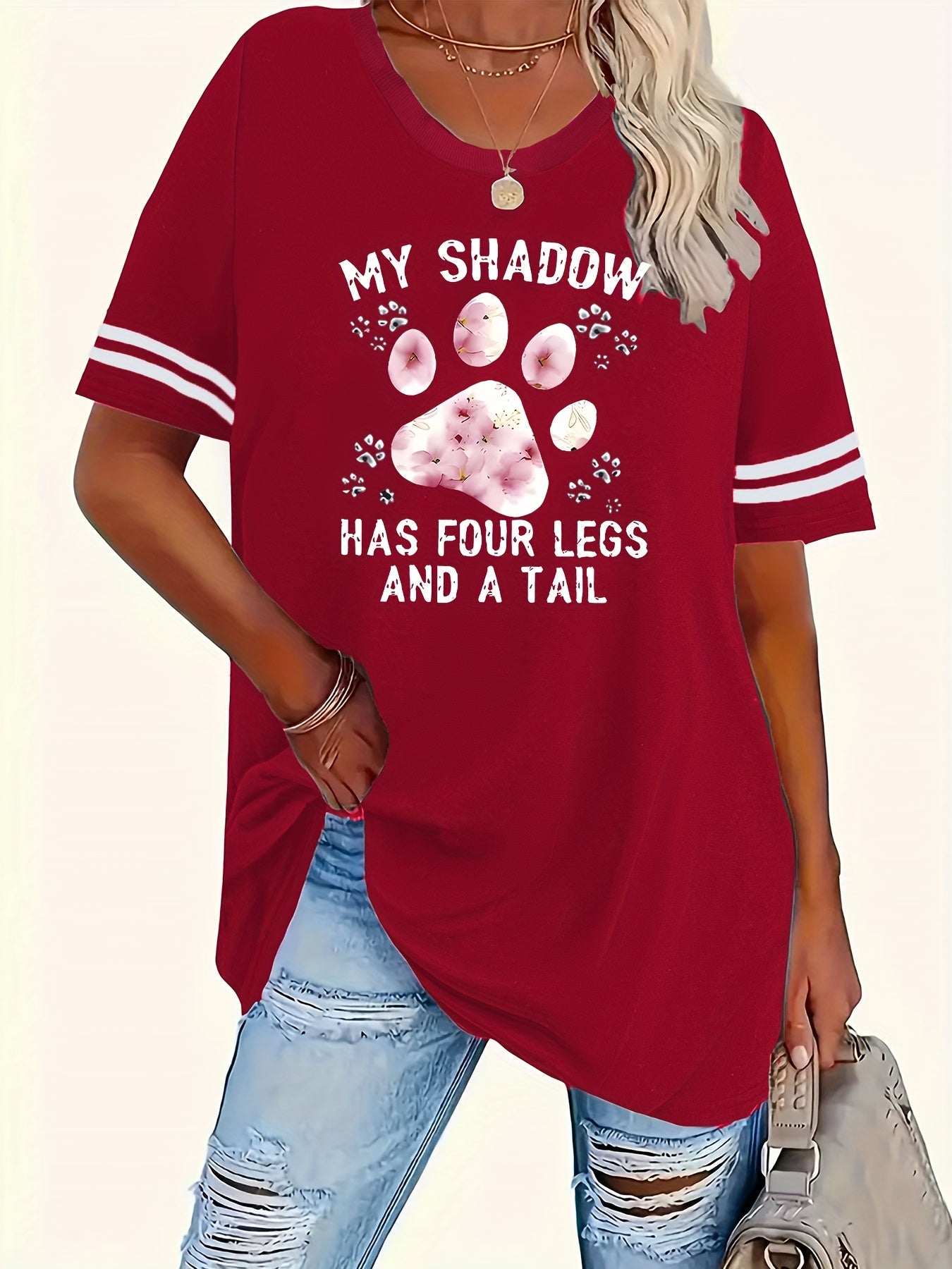 Plus Size Women's Graphic T-Shirt - "My Shadow Has Four Legs" Cat Lover Design with Paw Prints & Striped Sleeves, Soft Round Neck Casual Tee, Machine Washable, Sizes 1X-8X, Cat Tshirt