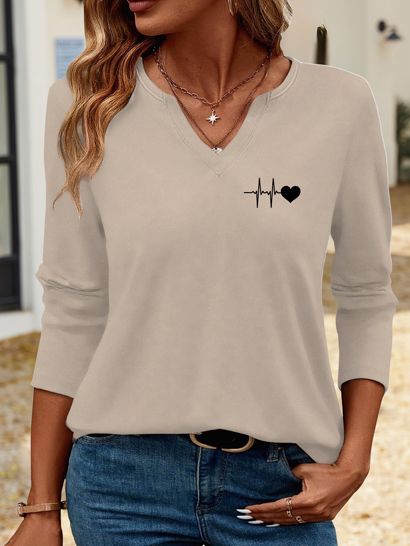 Simple Heart Pattern Print 3/4 Sleeve T-Shirt 824