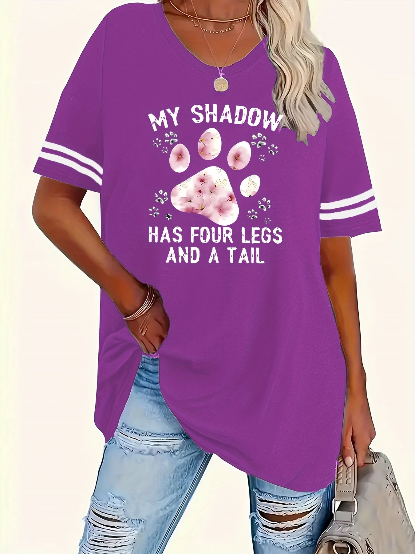Plus Size Women's Graphic T-Shirt - "My Shadow Has Four Legs" Cat Lover Design with Paw Prints & Striped Sleeves, Soft Round Neck Casual Tee, Machine Washable, Sizes 1X-8X, Cat Tshirt