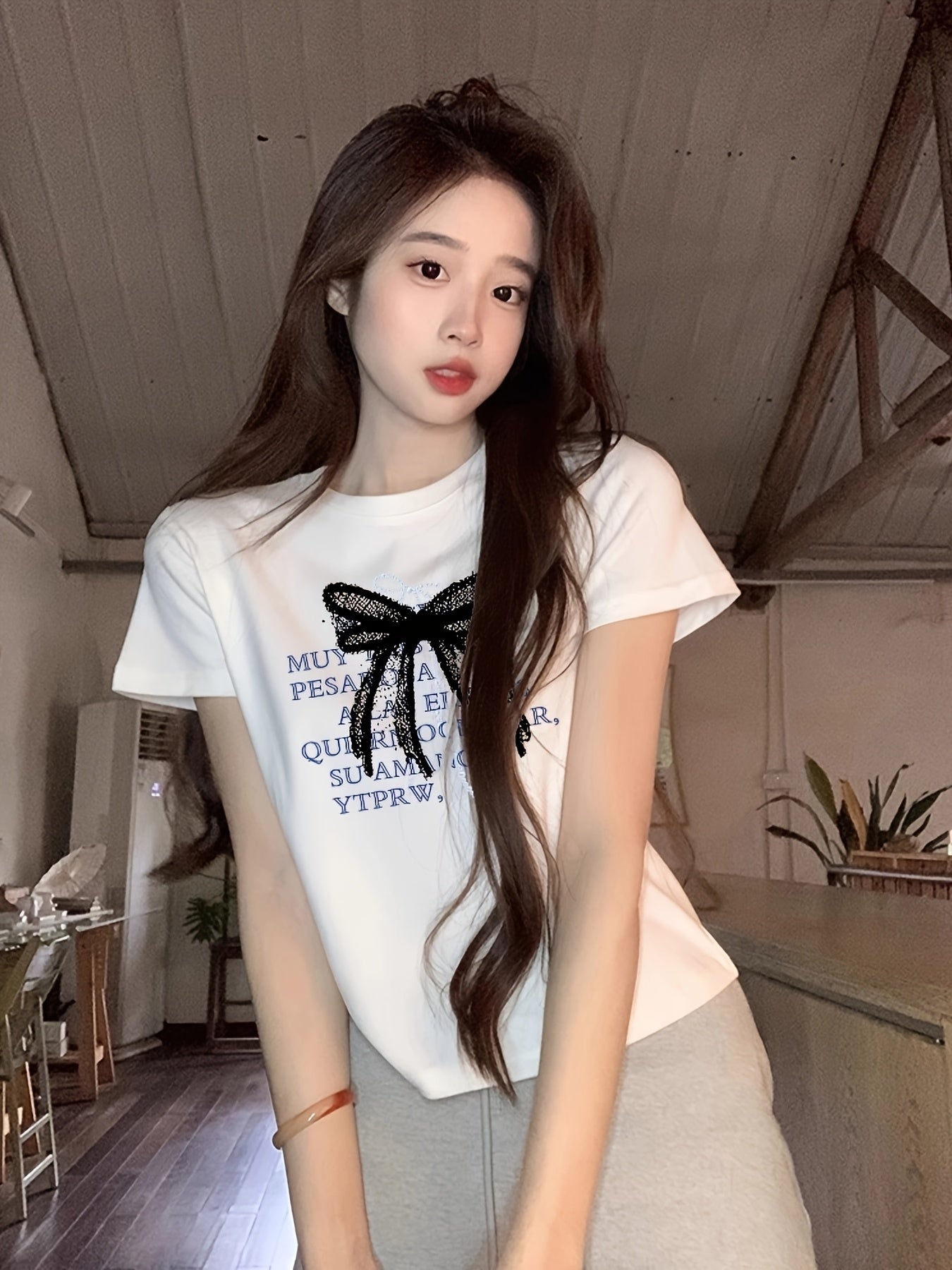 Women's Slim-Fit Retro Short Sleeve T-Shirt - Black Golden Foil "Paradise Question Your Vibe" Letter Print Top | Korean-Japanese Inspired Summer Casual Tee | Machine Washable, Ladies T Shirts, Clothing, Classic Round Neck, Easycare Material, Everyday