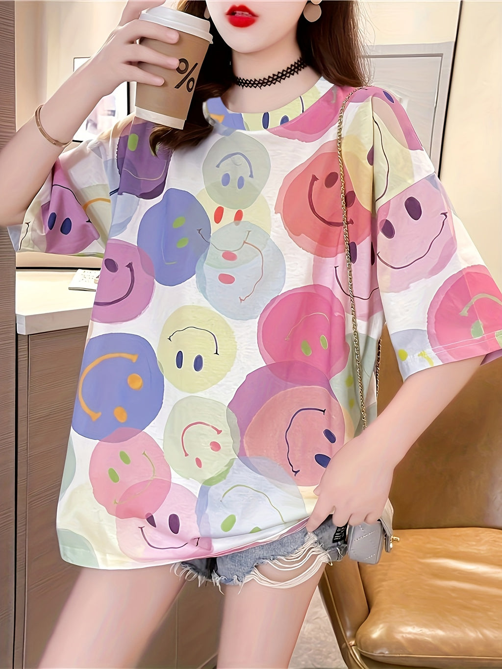 Women'S Plus Size Cute Cartoon Print T-Shirt - Casual Crew Neck, Short Sleeve, Oversized Fit, Breathable Polyester Fabric for Spring/Summer/Fall - " Style" Graphic Tee with Playful Face Desig