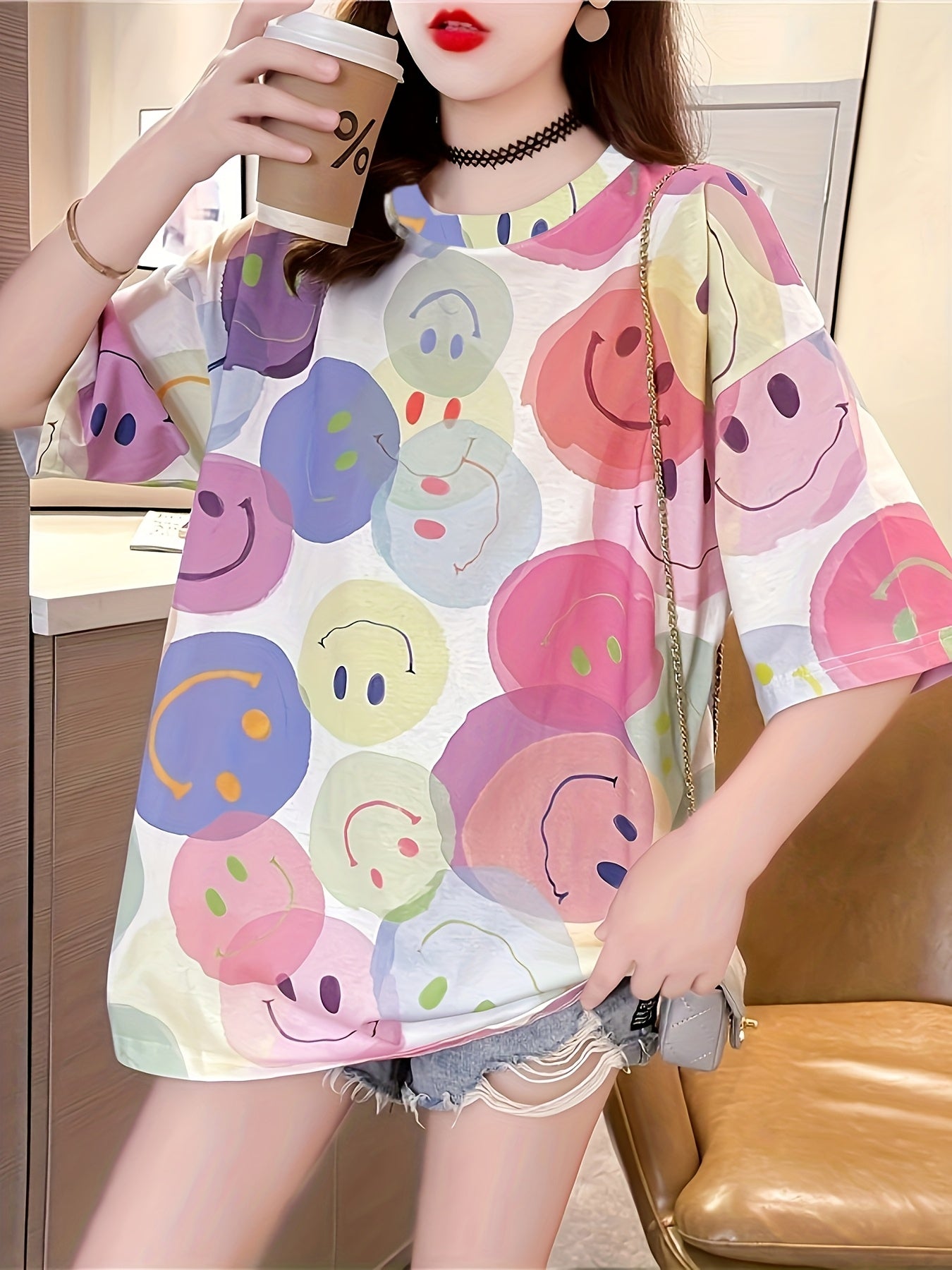 Women'S Plus Size Cute Cartoon Print T-Shirt - Casual Crew Neck, Short Sleeve, Oversized Fit, Breathable Polyester Fabric for Spring/Summer/Fall - " Style" Graphic Tee with Playful Face Desig