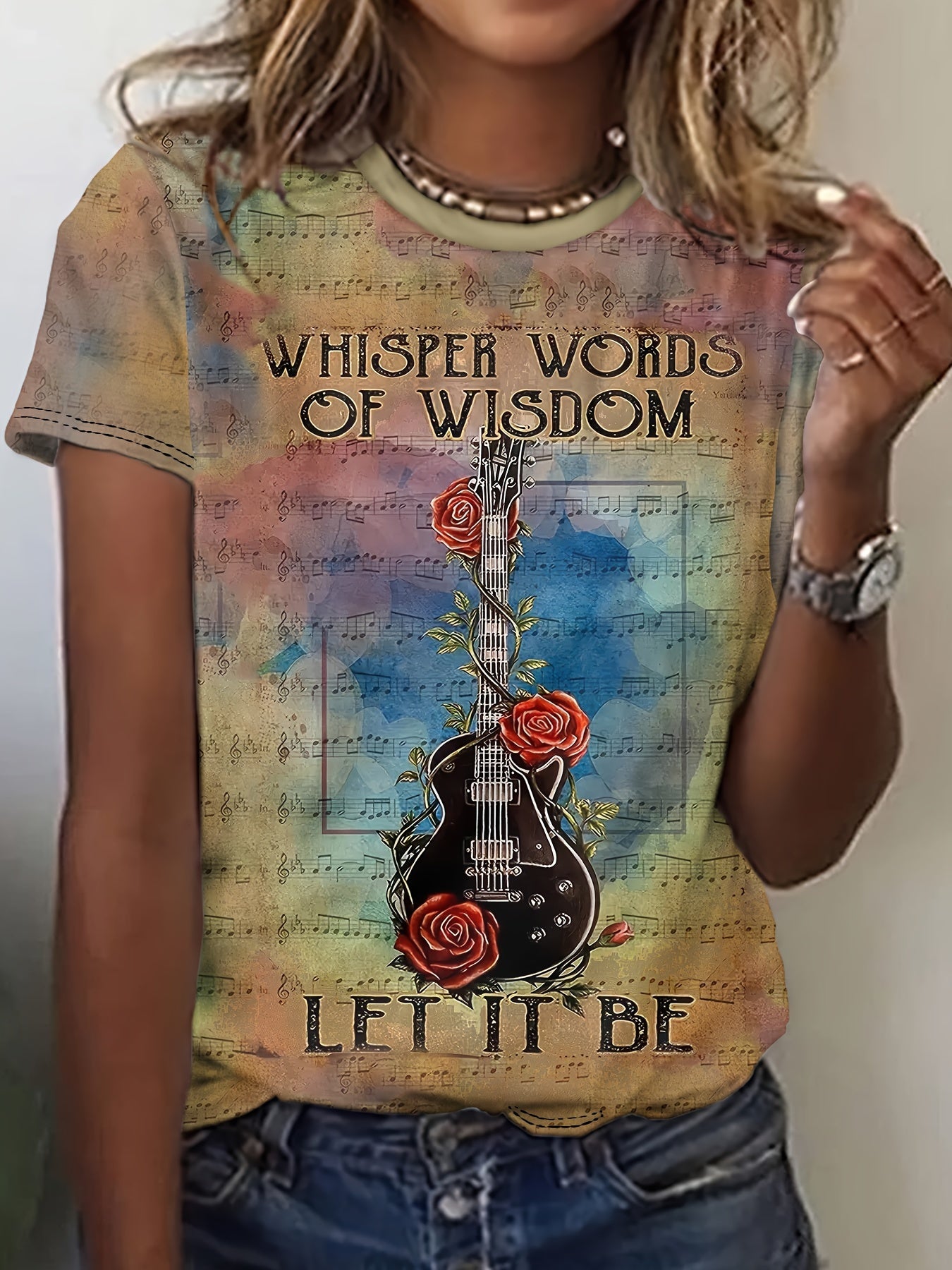 Vibrant Guitar & Rose Print Crew Neck T-Shirt - Soft, Breathable, Casual Short Sleeve Tee for Spring & Summer - Womens Fashion Clothing for Everyday Wear
