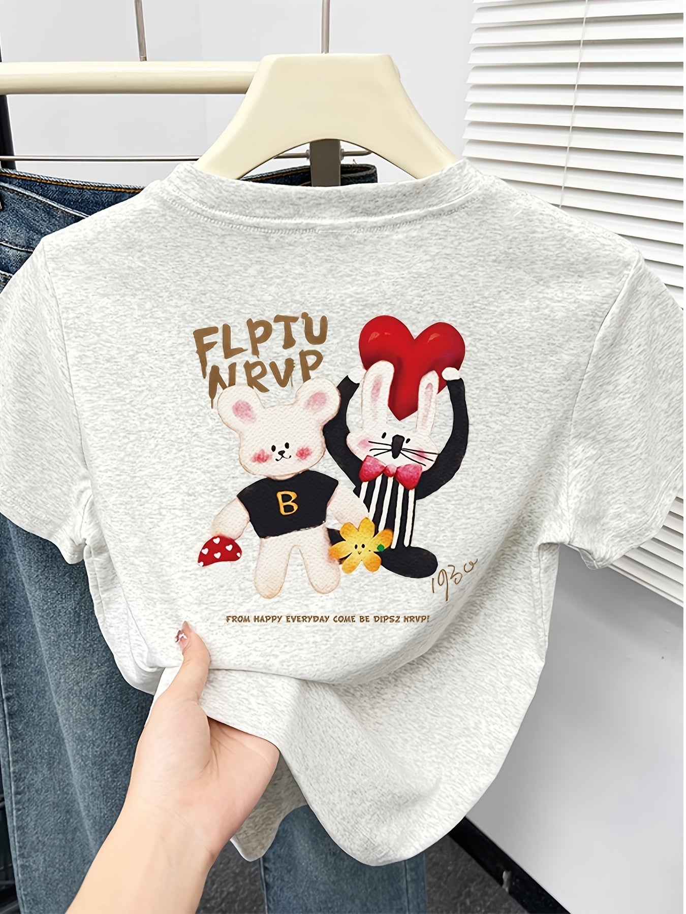 Women'S Cartoon Print T-Shirt - Short Sleeve Crew Neck, Casual Summer Top with Playful Bunny & Mushroom Design, Lightweight & Breathable for Casual Attire, Everyday Tshirt | Playful Graphic Tee | Comfortable Fit