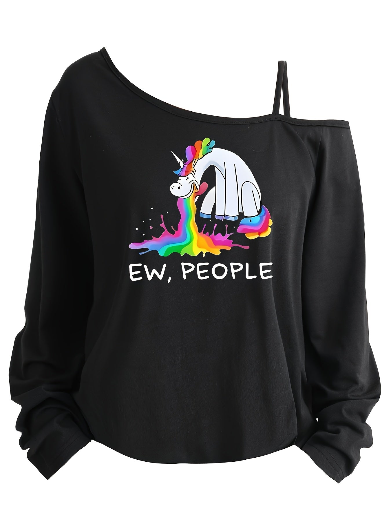 Plus Size Women's Graphic T-Shirt - Black Casual Long Sleeve Single Shoulder Top with Playful & Rainbow Design, "Ew, People" Text, Machine Washable, Sizes 1X-8X, Ladies T Shirts, Seasonal Fashion, Playful Design, Straps Detail
