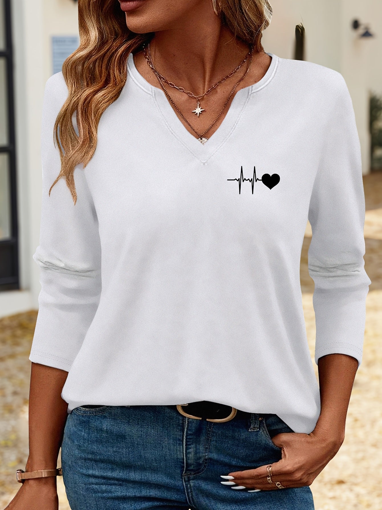 Simple Heart Pattern Print 3/4 Sleeve T-Shirt 824