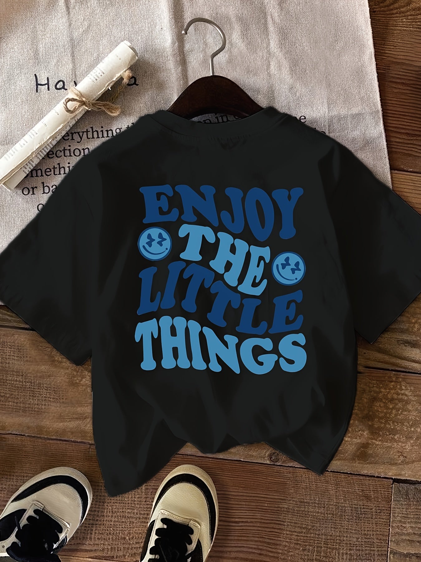 Women'S Casual Short Sleeve T-Shirt - Enjoy The Little Things Graphic Tee, Soft Polyester Everyday Shirt with Blue Lettering, Machine Washable Everyday Top for Women - Positive Affirmation Apparel for Spring, Summer, Fall Outfits, Ladies T Shirts,
