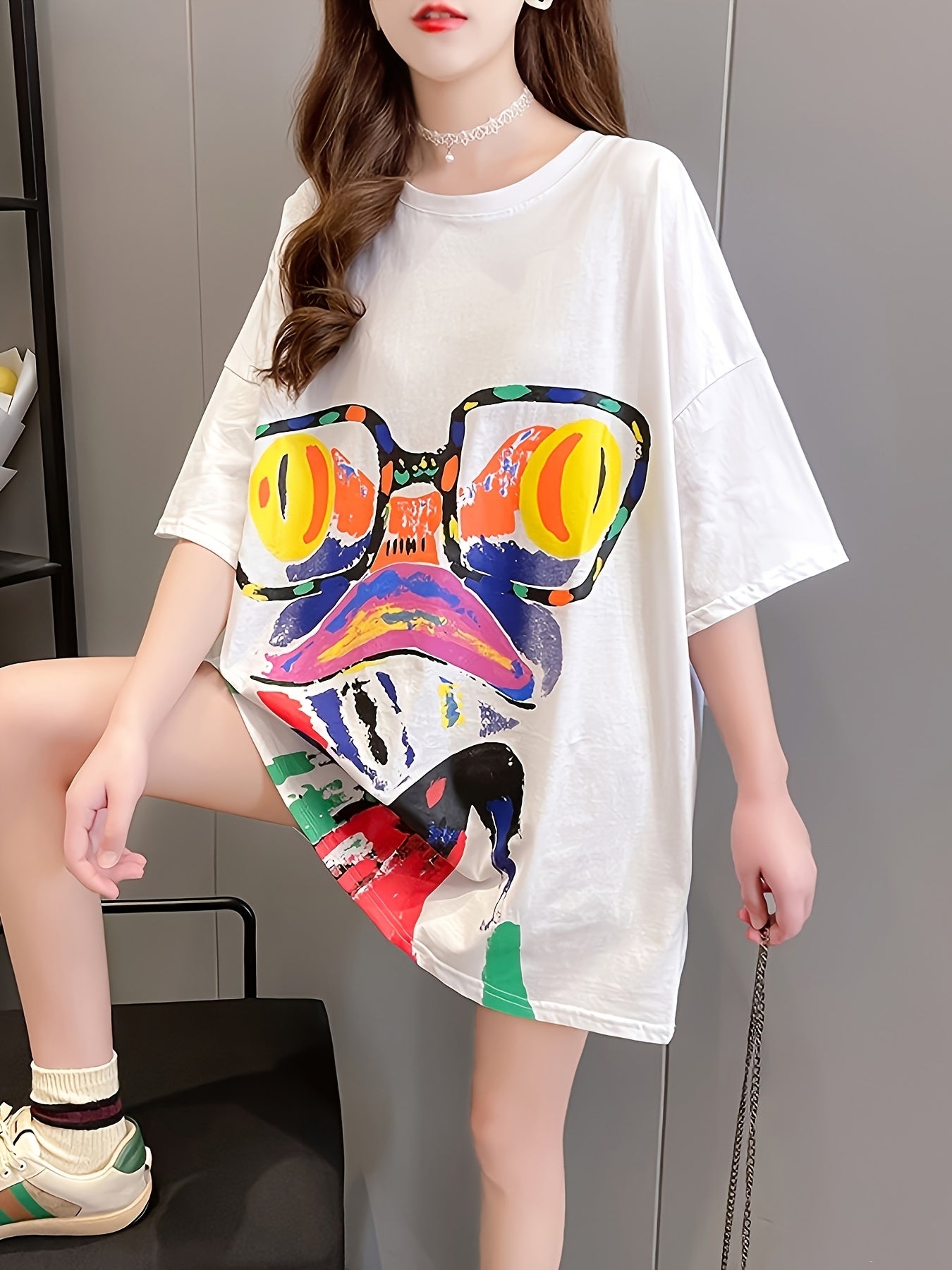 [Plus Size T-Shirt] Vibrant Plus Size Women's Cartoon Print T-Shirt | Loose Fit Round Neck Short Sleeve Top, Breathable Medium-Stretch Fabric, Long Length Casual Summer Spring Fall Machine Washable