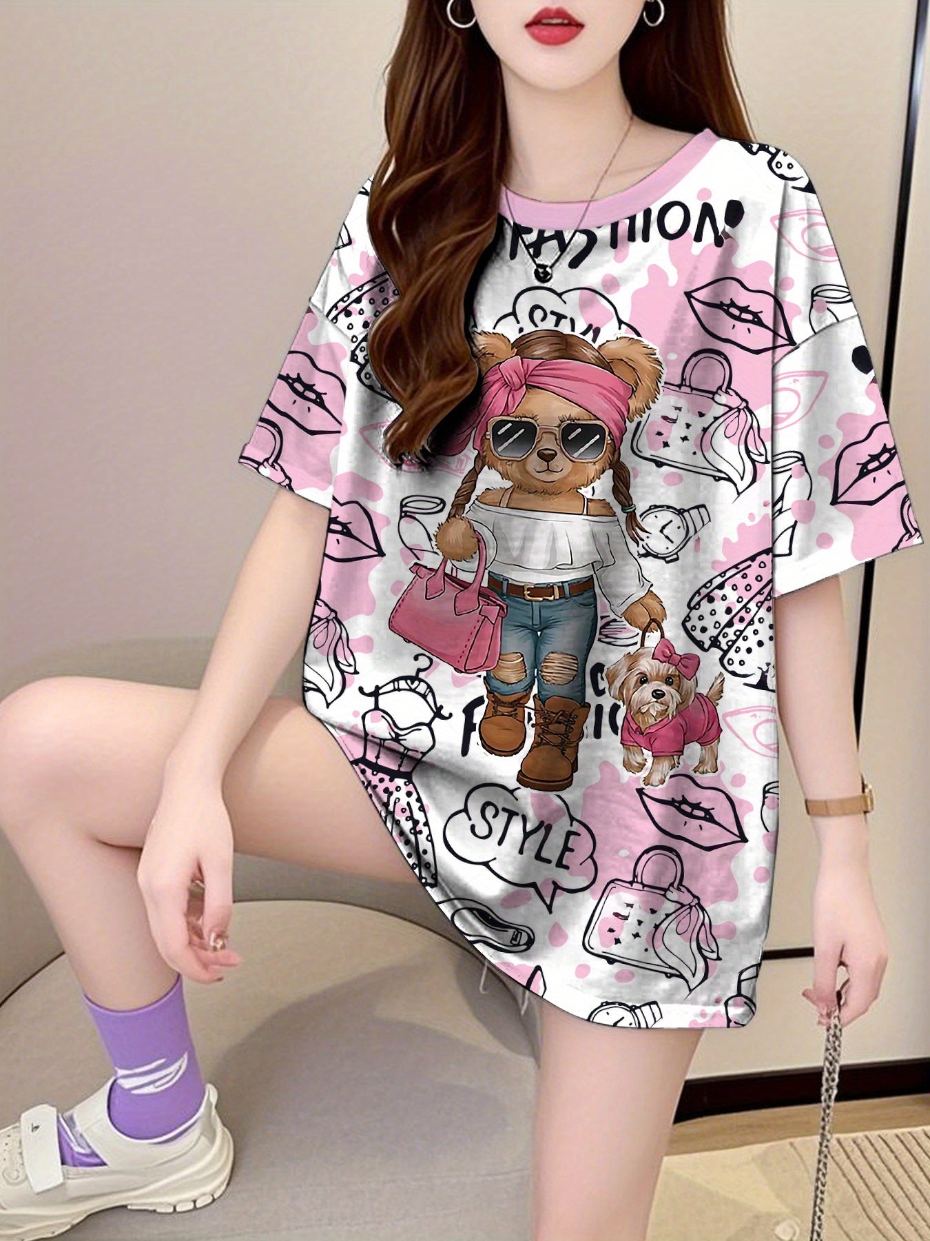 YZ-A249 Women's Oversized Graphic T-Shirt - Cute Cartoon Bear & TROOPER Print, Pink Casual Short Sleeve Round Neck Top, Breathable Summer Tee, Loose Fit Plus Size Friendly, Comfortable Daily Wear, Fun Print Design, Durable Casualwear, Medium Elasticity