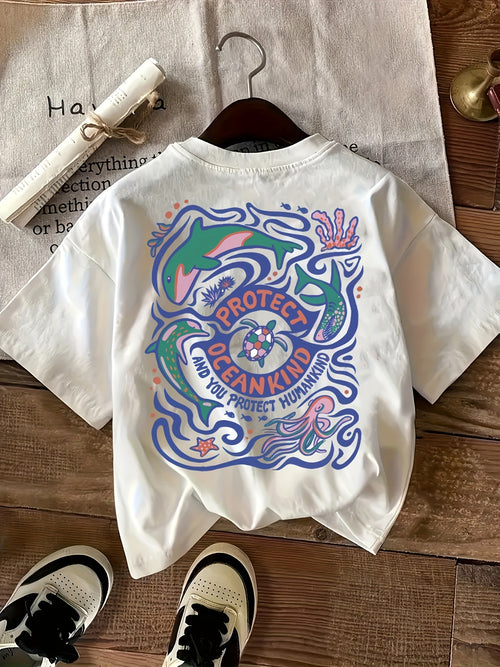 "Protect Ocean Kind" Geometric Print T-Shirt - Relaxed, Round Neck, Short Sleeve, Women's Top - Polyester Blend, Casual Style
