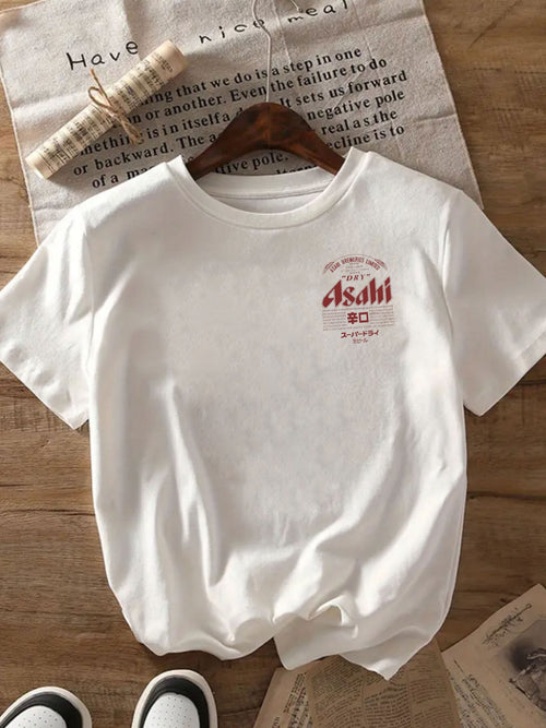 ASAHI Women's Vintage Japanese Beer Print T-Shirt - Short Sleeve Crew Neck Casual Top with "Dry" & "Club" Graphic, 95% Polyester/5% Elastane Blend, Lightweight 200gsm, Machine Washable, White with Red & Black Lettering